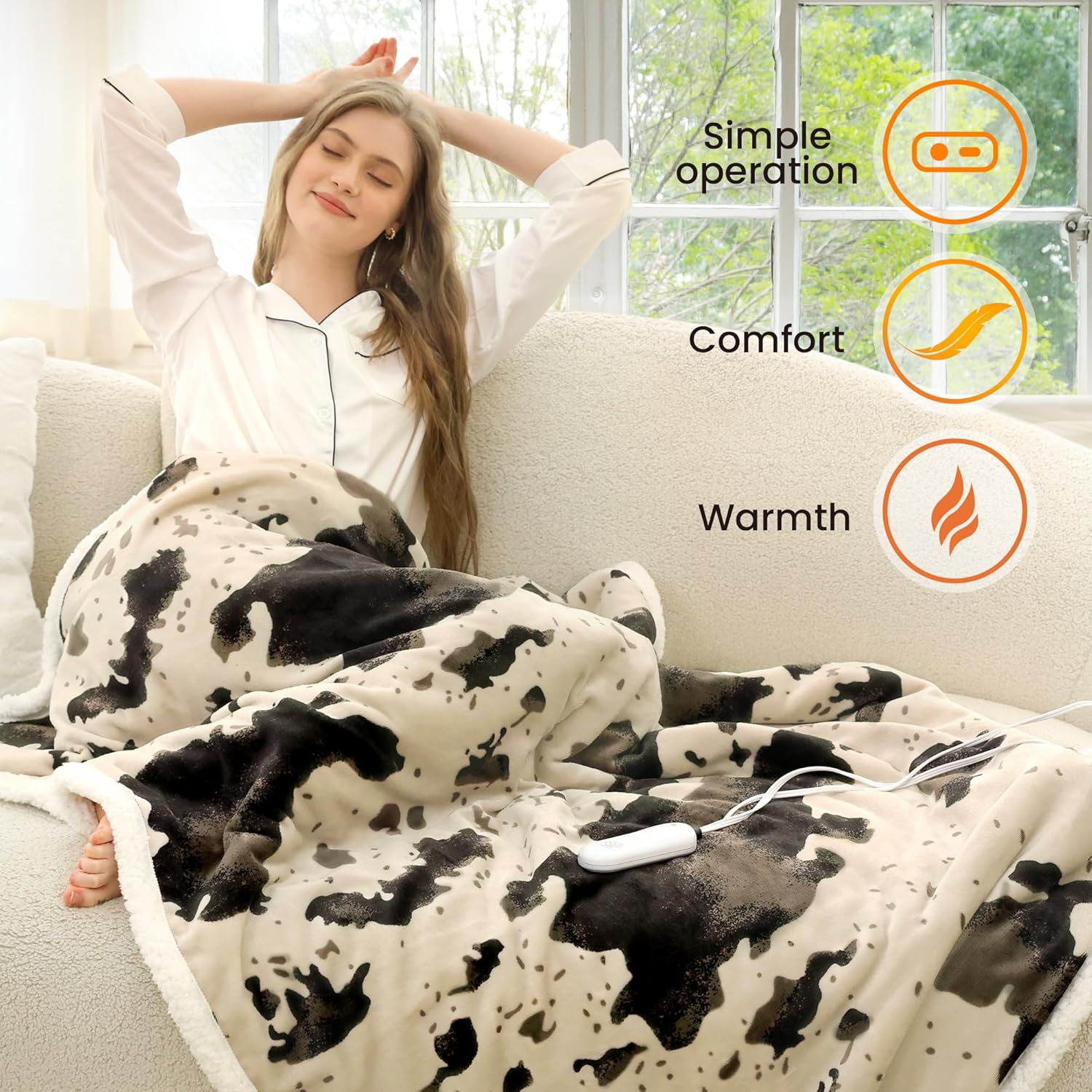 Cow Print Heated Throw Blanket Electric Blanket-Heating Blanket Throw with 10 Heat Levels & 10 Hours Auto-Off, Cozy Soft Fleece Sherpa, Washable, 50 x 60 Inches Cow Print Light Brown