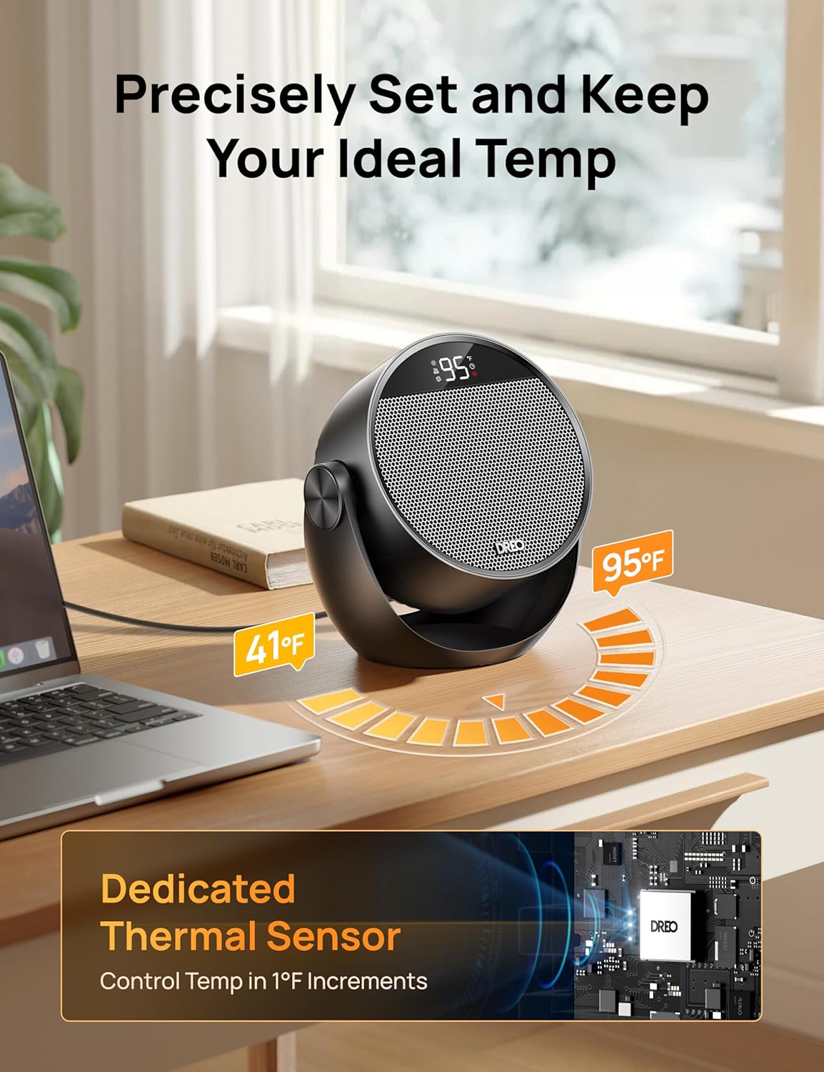 Dreo Space Heater 1500W, 60° Adjustable Tilt, 10.5ft/s Portable Electric Heaters for Indoor Use with Thermostat, 8 Safety Protections, 3 Modes, Remote, Quiet Desk Heater for Bedroom, Office, Black