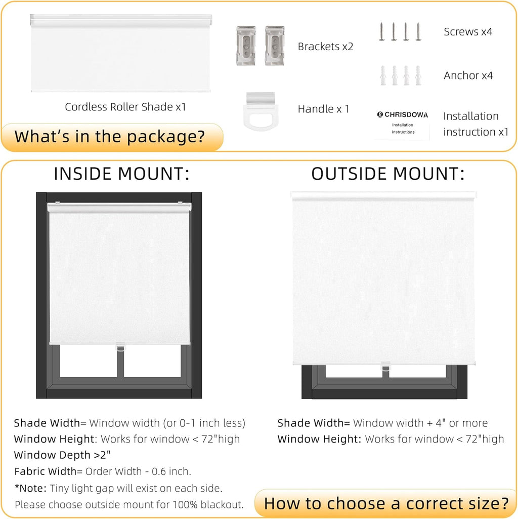 ChrisDowa Cordless Blackout Roller Shades for Windows, Thermal Insulated UV Protection Pull Down Shades, Total Blackout Window Blinds for Home, Office, Bedroom, Door (26" W x 72" H, White)