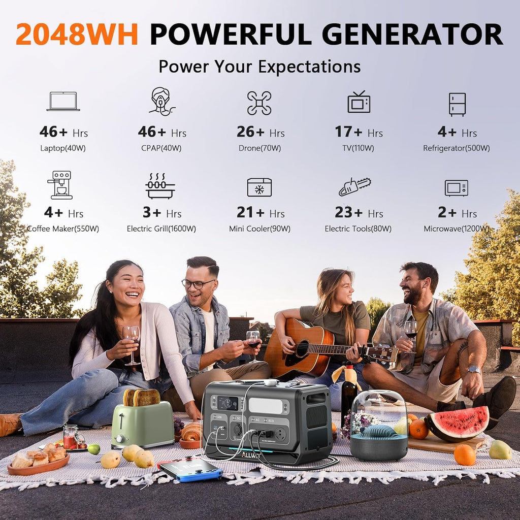 ALLWEI 2400W Portable Power Station with a B200 PRO Expansion Battery, 4096Wh LiFePO4 Battery 4 AC Outlets Up to 2400W for Home, Outdoor Camping, RV, With 1500W AC Charging &1200W Solar Charging