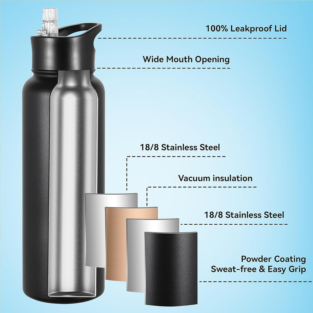 VEGOND 40 oz Insulated Water Bottle Bulk Stainless Steel Metal Water Bottles with Leak Proof Straw Lid & Spout Lid, Wide Mouth Double Walled Vacuum Travel Sports Bottle, 4 Pack