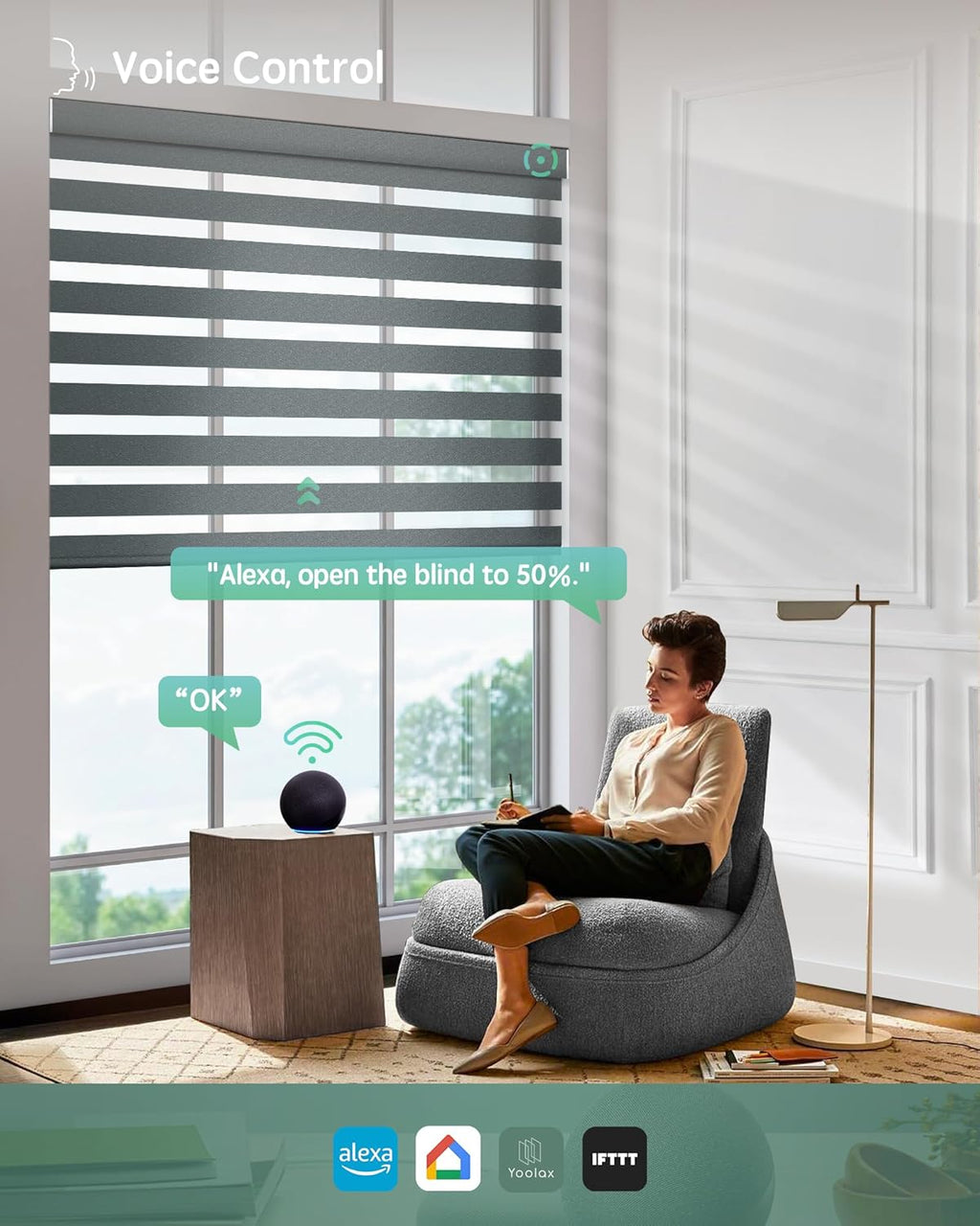 Yoolax Motorized Zebra Blinds Compatible with Alexa,Motorized Blinds with Remote Smart Automatic Custom Electric Window Blinds Cordless Indoor Blackout for Home Bedroom Kitchen (Starry Charcoal)