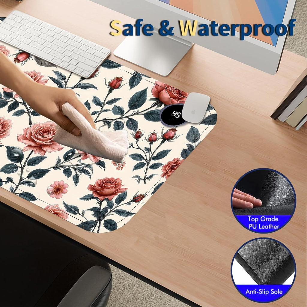 Heated Mouse Pad with 3 Temperature Settings(104°F–122°F),Large 24x14.2 Inch PU Leather Heated Desk Mat,Waterproof Warming Pad for Office,Gaming & Cold Hands Relief,Retro Flowers