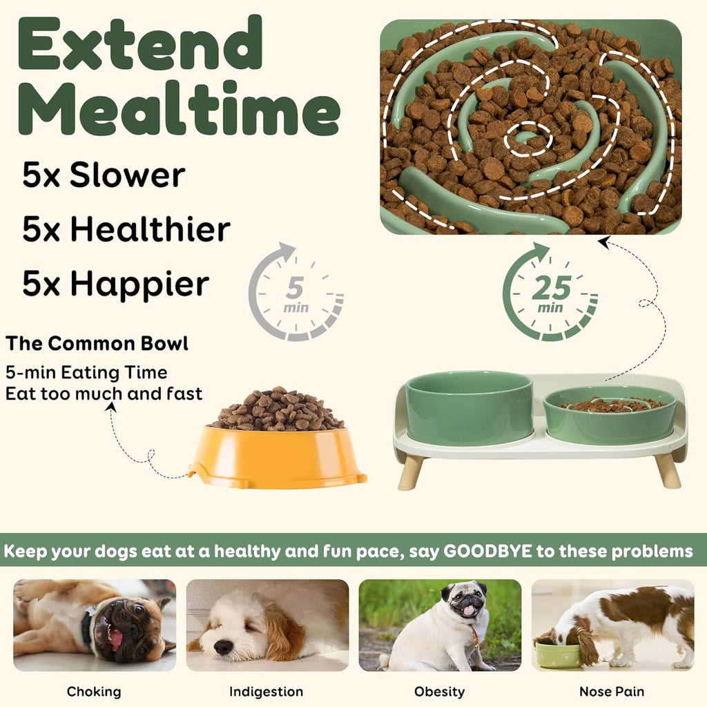 Elevated Slow Feeder Dog Bowls - Ceramic Food and Water Bowl Set with Stand - Raised Pet Dishes for Small and Medium Sized Dogs