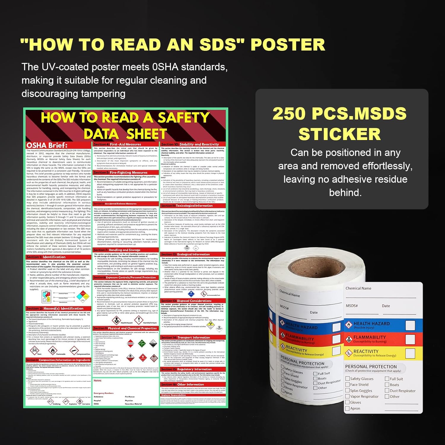 Lontcs MSDS SDS Binder and Wall Station Set,Yellow Heavy Duty 3 Inch Material Safety Data Sheet 3 Ring Binder with SDS Wire Rack and Display Sign,Chain,Safety Posters,MSDS Labels,Binder Wall Mount