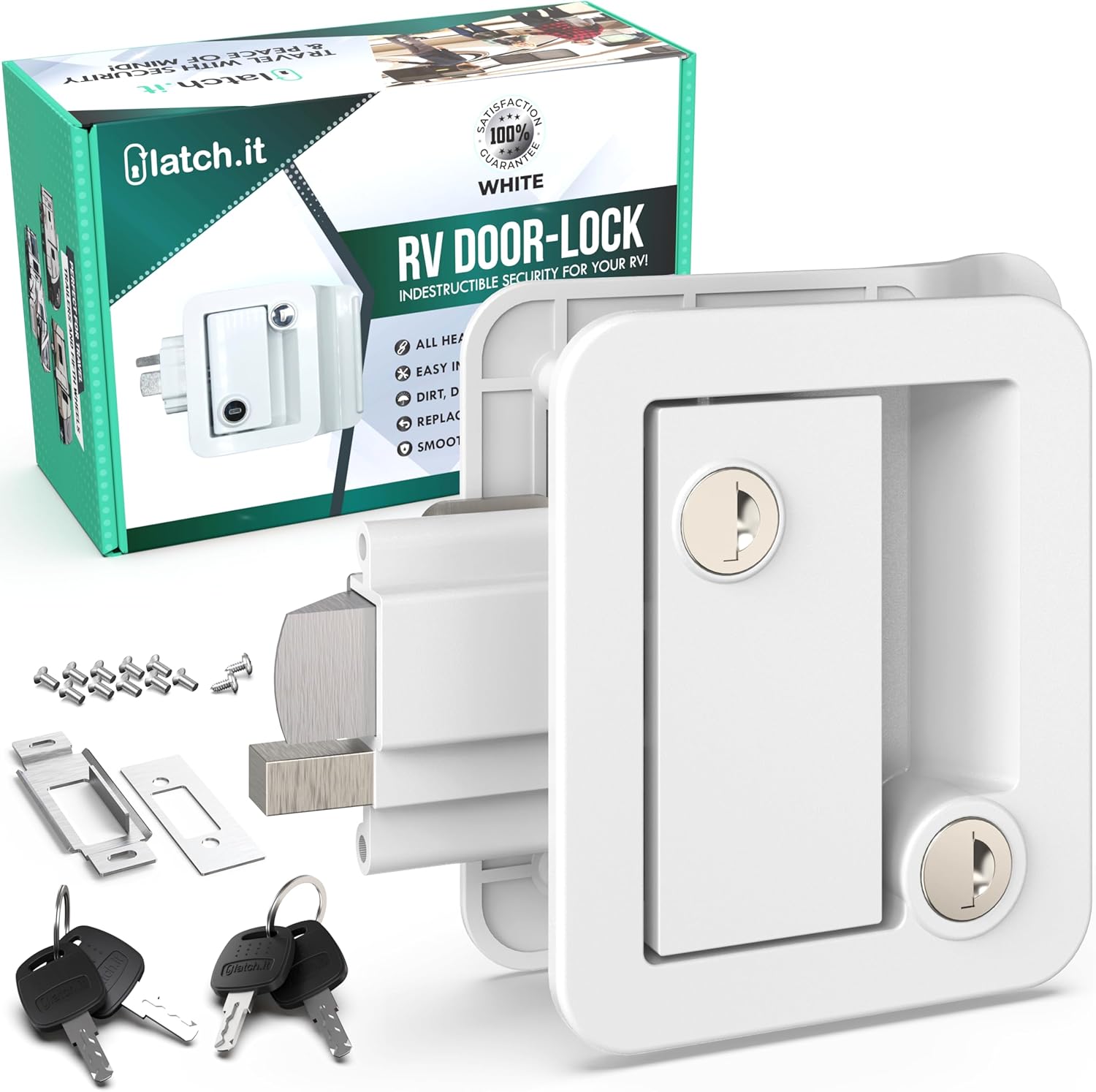 LATCH.IT White RV Door Lock Replacement | All Metal RV Door Handle Fits 2.75"x3.75" Holes | Trailer Door Latch with 4 Keys Included | RV Door Latch for Trailer, Camper, Fifth Wheel and More!