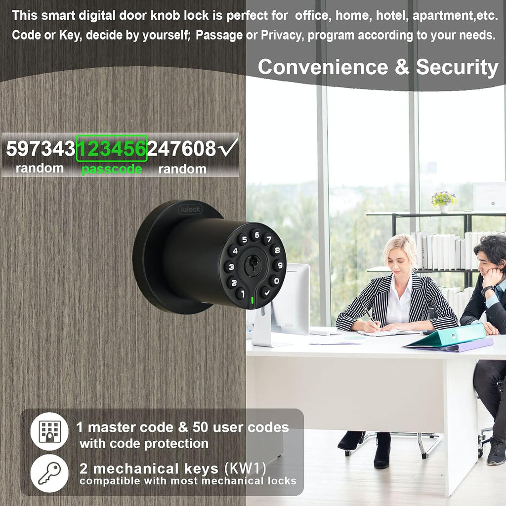 IU-20 Code Door Lock, Electronic Door Knob with Keypad and Key, Auto Lock, Waterproof, Passage Function, Long Battery Life,50 Codes, Easy to use and Install for Office/Warehouse/Bedroom/Garage