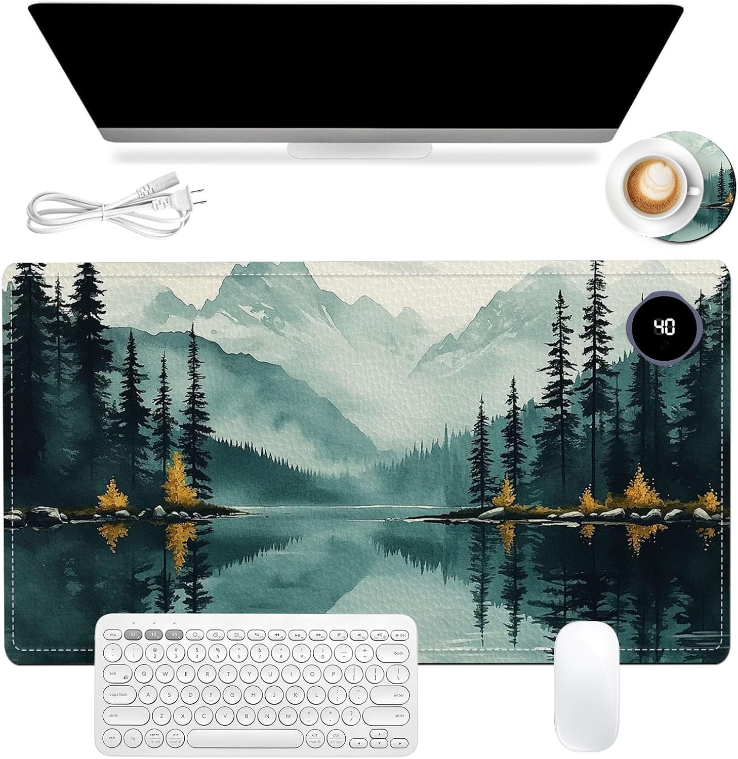 Heated Mouse Pad 23.6 x 14 in 3-Temp Fast Heating Desk Mat with Auto Timer Warmer for Hands Wrist Pain Relief Waterproof Keyboard Mat for Office, Gaming, Home, Forest Reflections