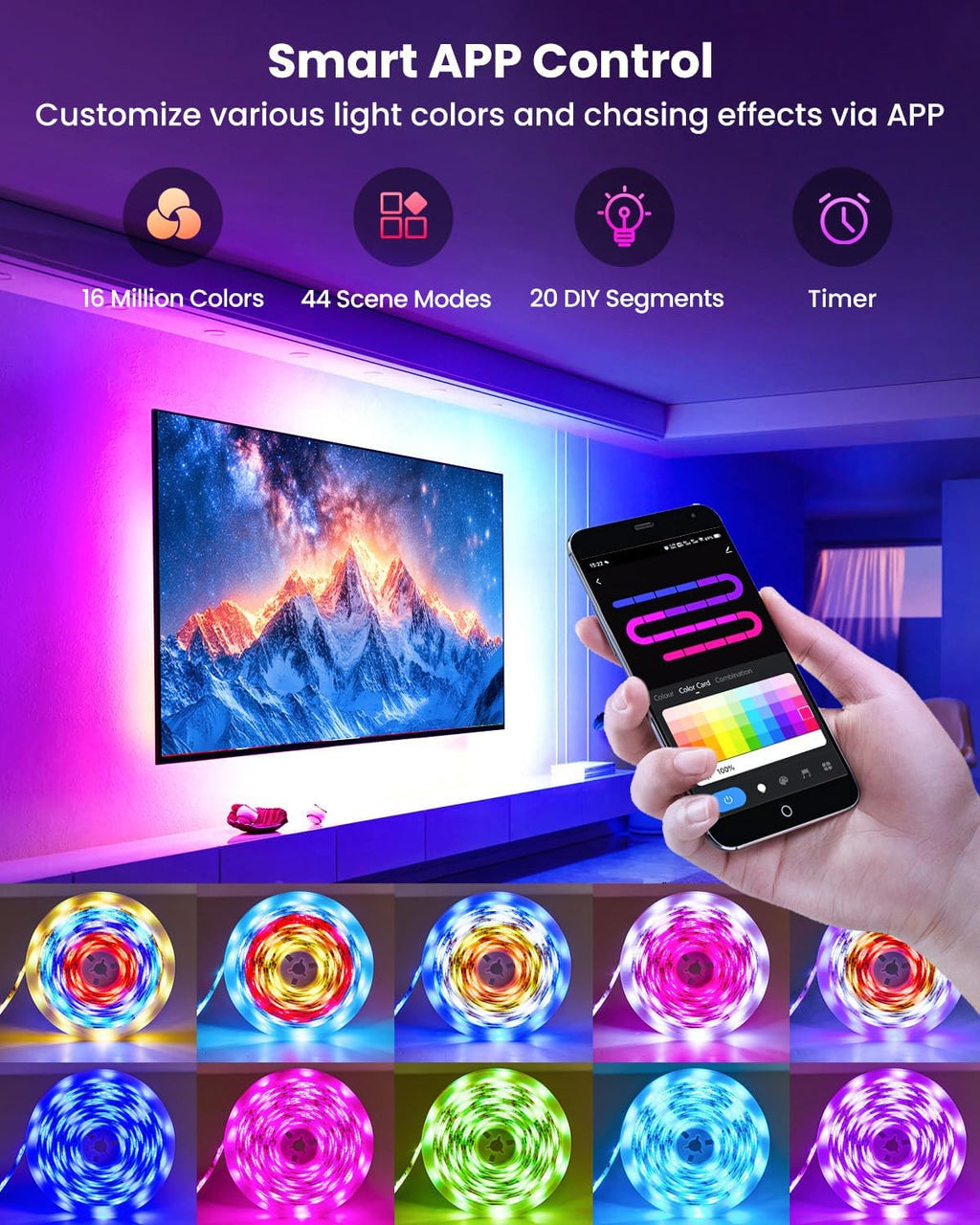 16.4ft RGB+IC LED Lights for 50-75 Inch TV, Backlight Strip Behind TV with Music Sync, Bluetooth APP and Voice Control, 44 Scene Modes, for Ambient Mood Lighting, Monitor Game, Bedroom, Living Room