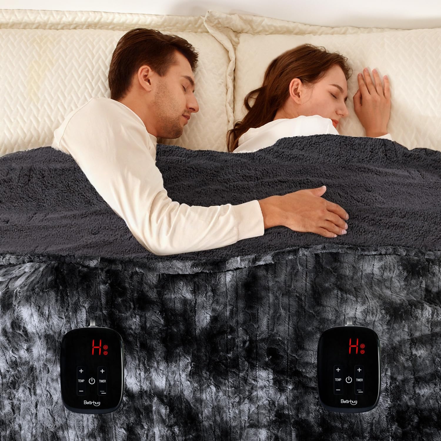 Bearhug Heated Blanket with Dual Controls Electric Heating Blankets Auto Shutoff Electric Blanket Machine Washable Overheat Protection Marble Black Queen Size 84"x 90"