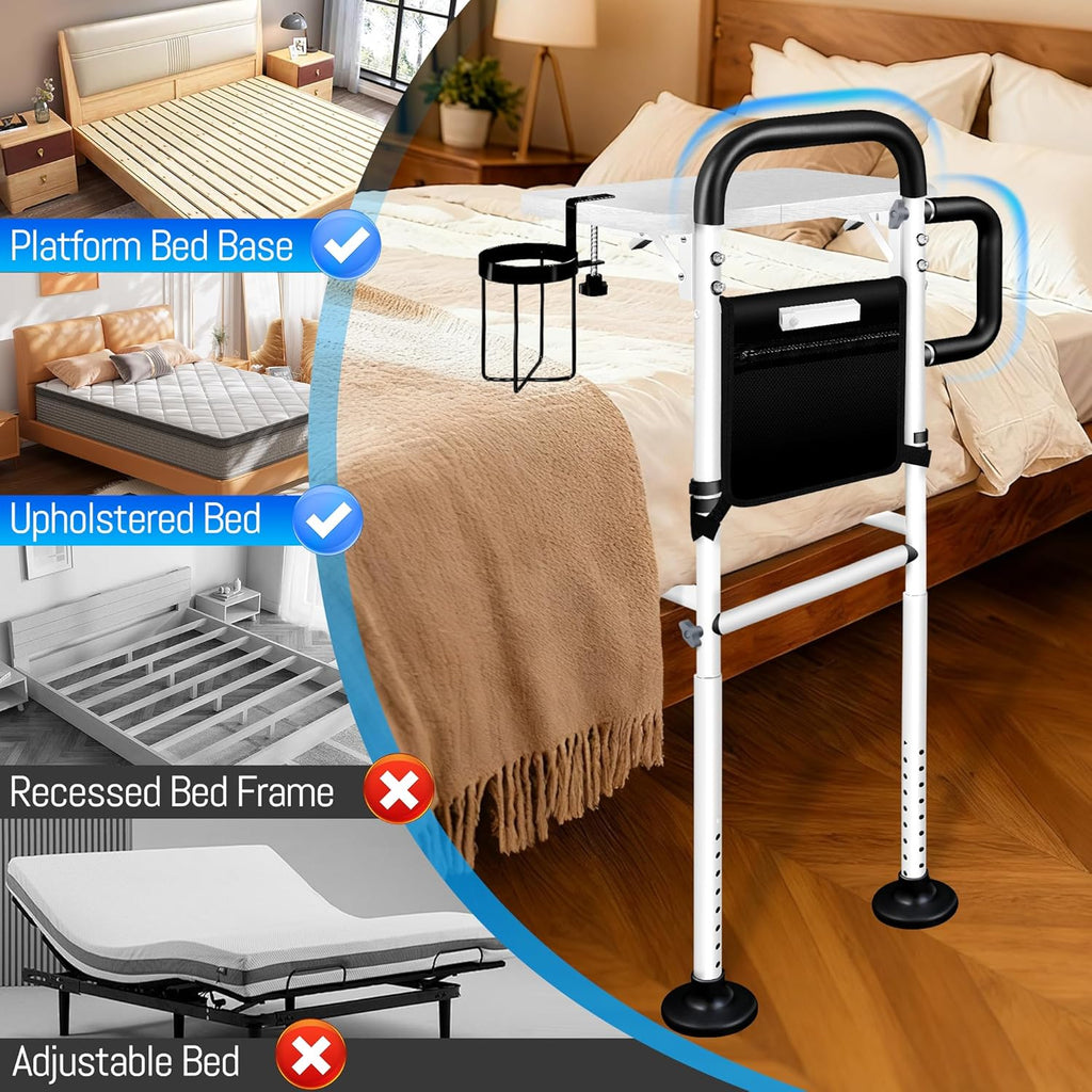 Bed Rails for Elderly Adults Safety with Foldable Tray, Adjustable Bed Assist Rails for Seniors with Motion Sensor Light & Cup Holder, ASTM Approved Bed Cane Bed Rail with 2 Handles & Pocket