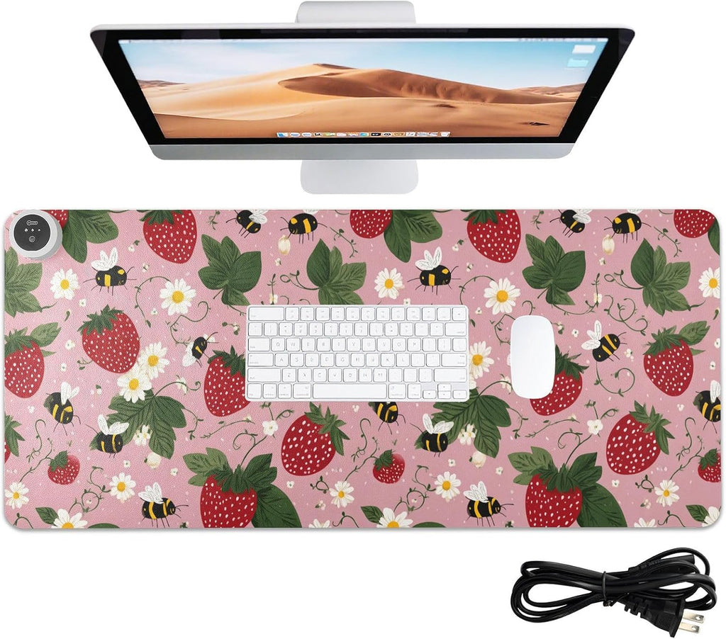 Heated Desk Pad Mouse Pad 31.5x13 Inch PU Leather Desk Mat with 3 Heat Levels Large Mouse Gaming Computer Laptop Mat Pink Bees Flowers Strawberry