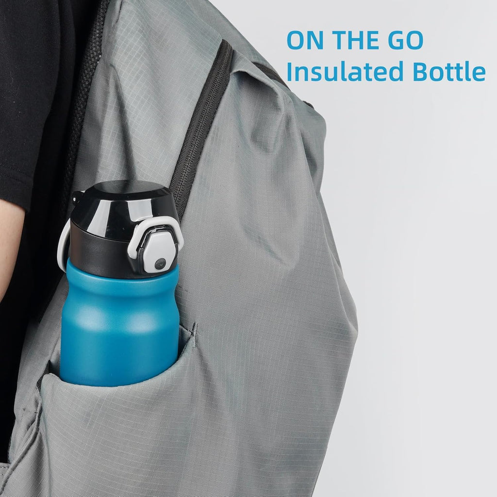 Insulated Water Bottle with Straw and Carry Loop,18 oz Stainless Steel Double Wall Vaccum Metal Water Flask with Leak-proof Lid,Indiego Black