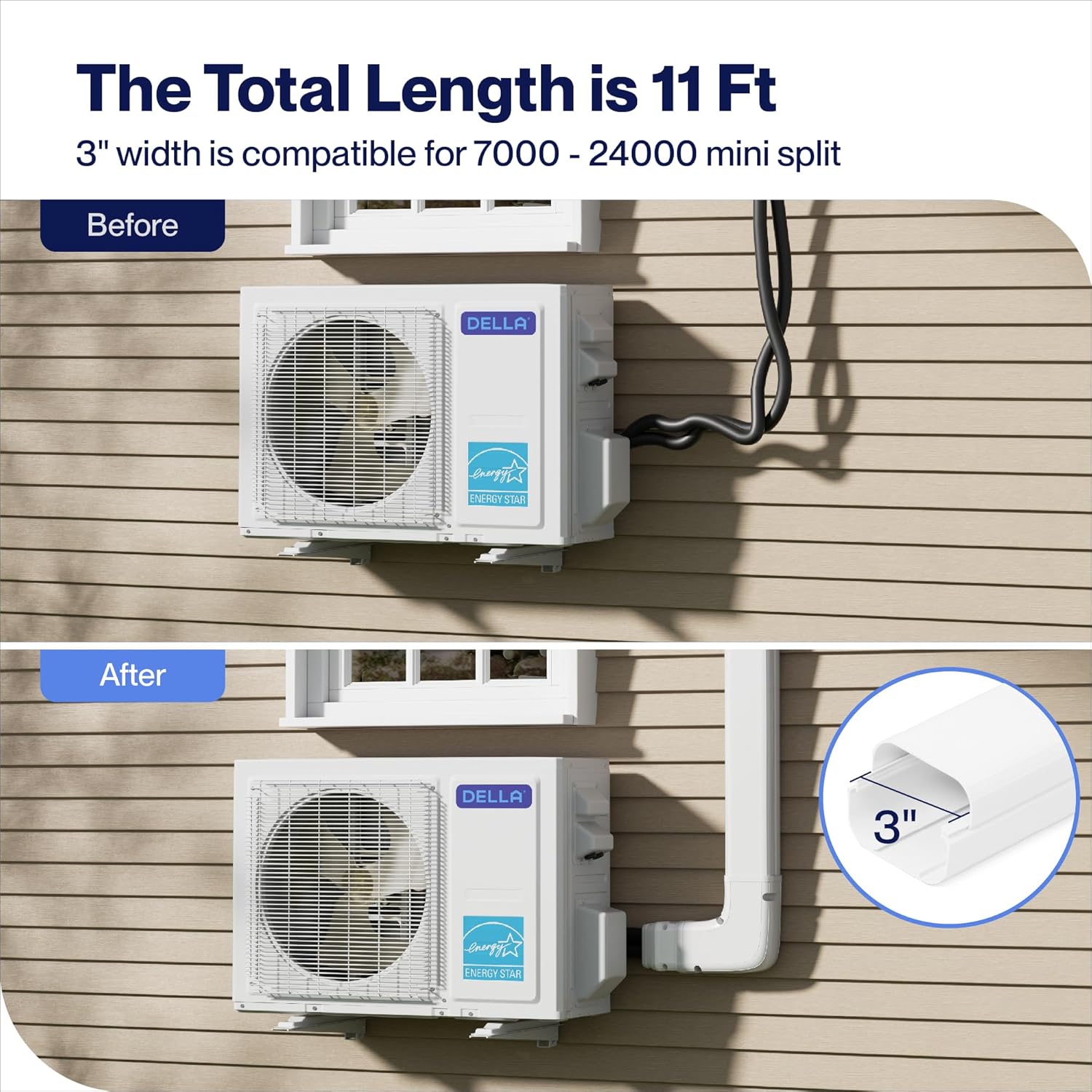 Della 3" 11 Ft Mini Split Line Set Cover, Decorative PVC Lineset Cover Kit, Paintable for Mini Split Air Conditioner, HAVC & Heat Pumps Systems Tubing Cover, White