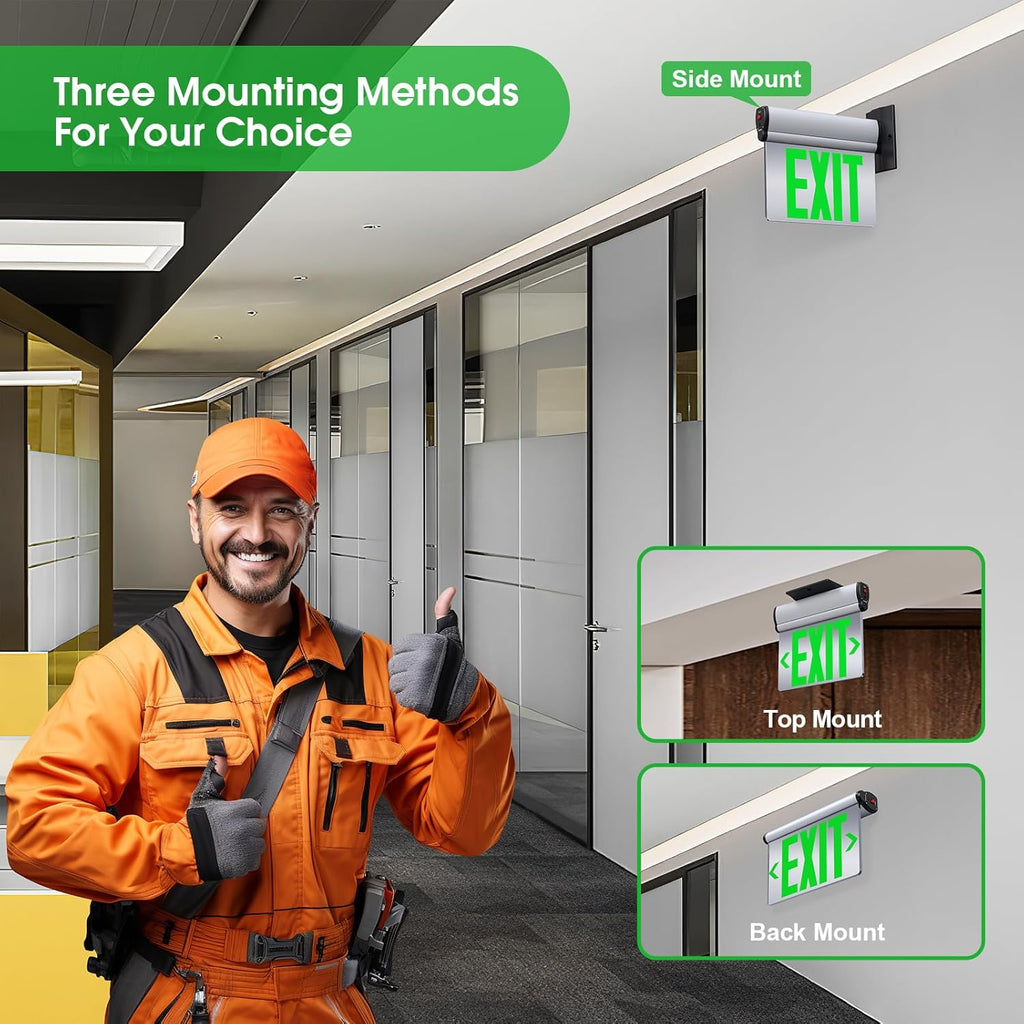 Led Edge-Lit Exit Sign ,Brushed Aluminum Housing Double-Sided Mirrored Rotating Acrylic Panel,Hardwired Emergency Exit Signs with Battery Backup, 120V-347VAC,Green Led Emergency Exit Light for Business , UL Listed,Top/Side/Wall Mount(2 Pack)