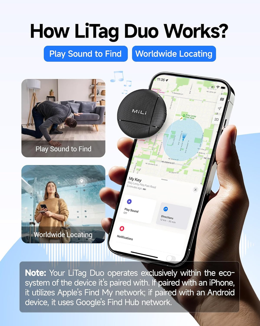 LiTag Duo - Tracker Tag for iOS and Android, Bluetooth Tracking Tag/Key Finder/Luggage Tracker/Item Locator, Compatible with iOS Find My or Google Find Hub App (Dual System, 4PCS)