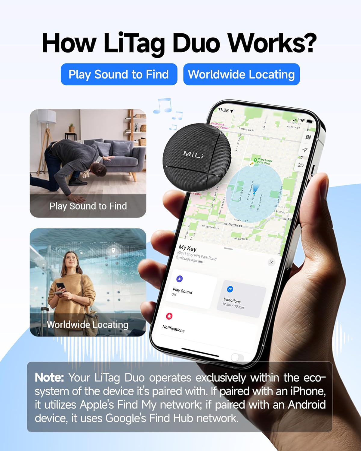 LiTag Duo - Tracker Tag for iOS and Android, Bluetooth Tracking Tag/Key Finder/Luggage Tracker/Item Locator, Compatible with iOS Find My or Google Find Hub App (Dual System, 4PCS)
