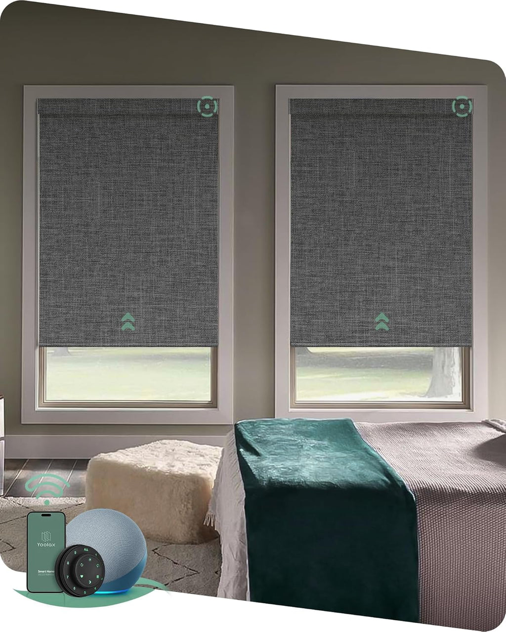Yoolax Motorized Blinds with Remote, Smart Blinds for Windows Blackout Automatic Shades Work with Alexa Remote Control Roller Window Shades with Valance, Custom Size (Fabric-Dark Grey)