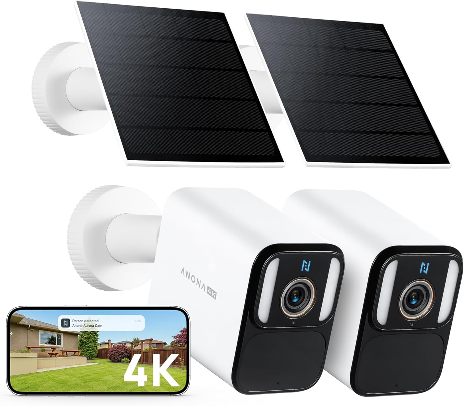 Anona Aurora 4K Solar Security Cameras Wireless Outdoor, Forever Power with Solar Panel, 8MP Color Night Vision, 24/7 AOV Recording, No Monthly Fees, AI Detection, Easy Setup, 2.4 G WiFi, IP67, 2 Pack