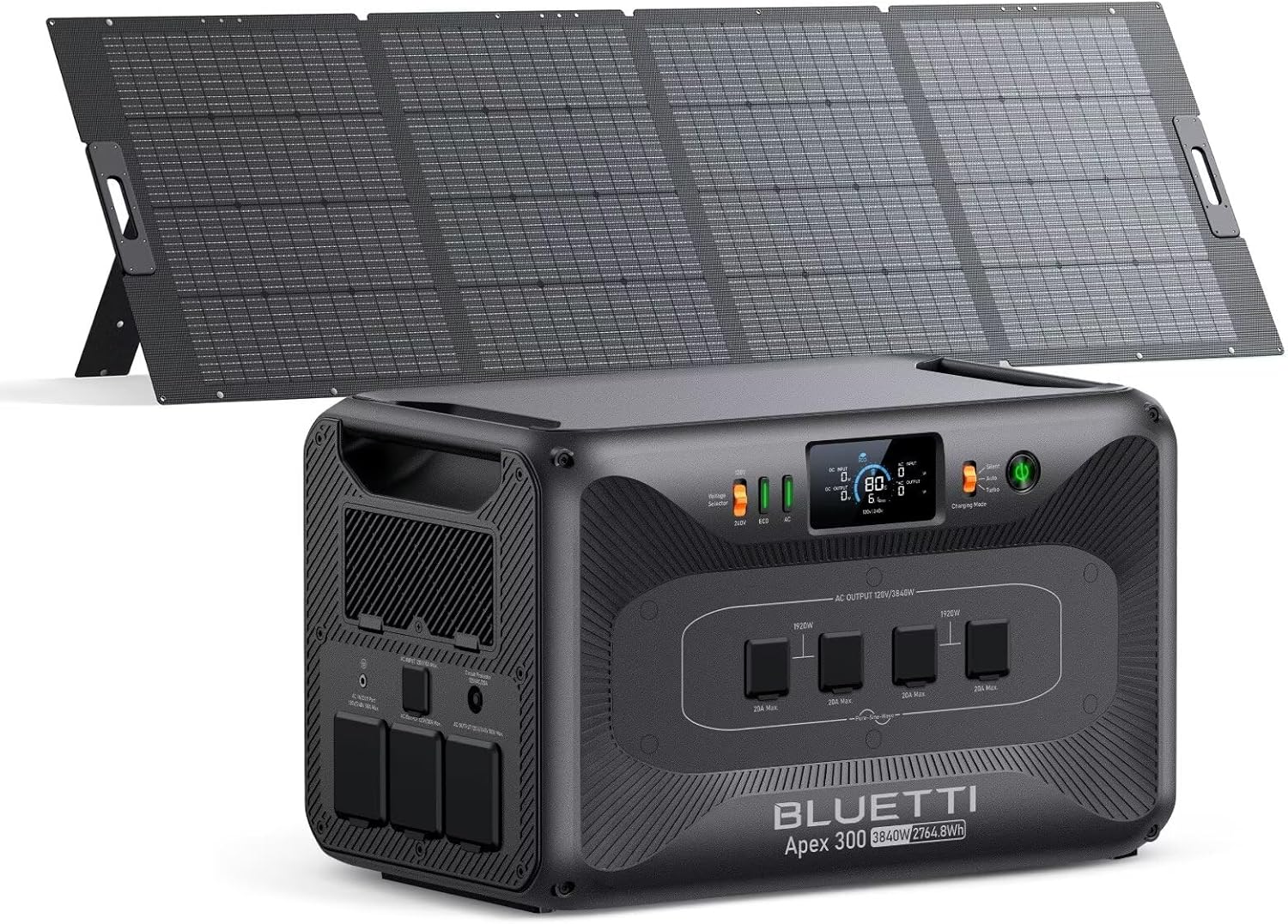 BLUETTI Apex 300 Solar Generator (2025 New) with 350W Solar Panel, 2764.8Wh LFP Battery Backup with 6 3840W AC Outlets (7680W Surge), 120V/240V Dual Voltage, Ideal for Camping and Off-Grid Living