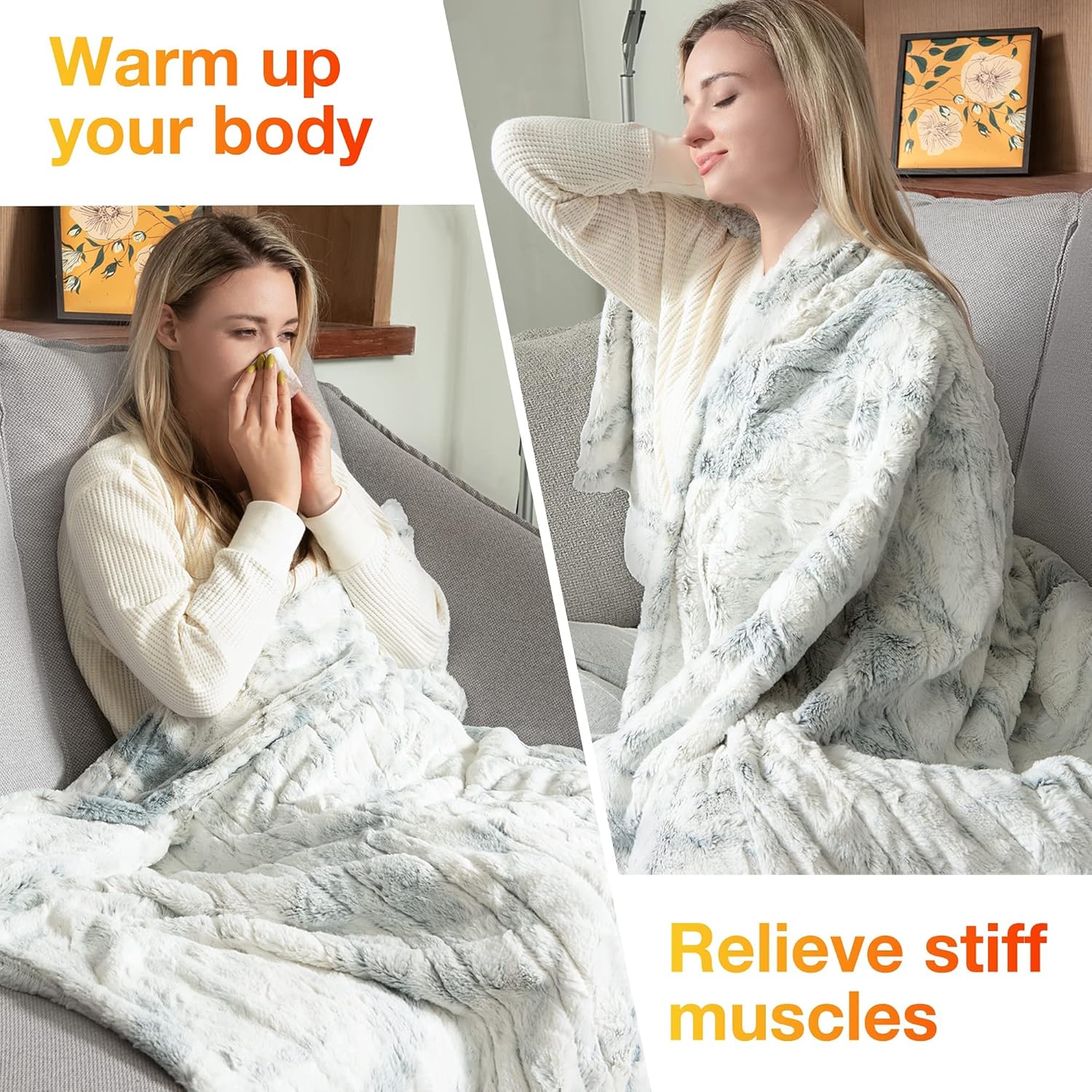 WOOMER Heated Blanket Throw 50" x 60", Electric Blanket Throw with 4 Heating Levels & 4H Auto Off, ETL Certified, Marble Blue Double-Sided Faux Fur, Over-Heat Protect, Machine Washable