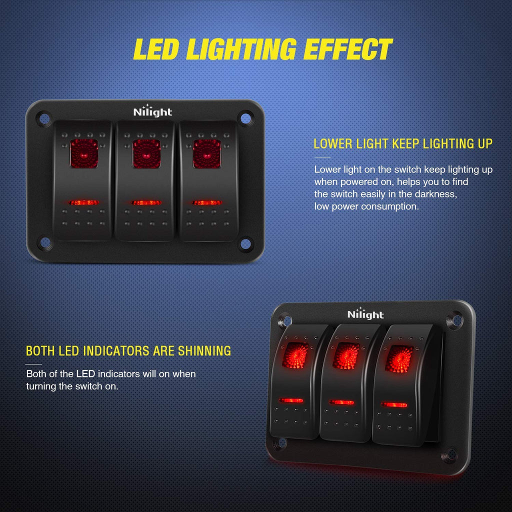 Nilight - 90019C 3 Gang Aluminum Rocker Switch Panel Toggle Dash 5 Pin ON/Off Pre-Wired Rocker Switch Red Backlit Switch for Automotive Car Marine Boat RV,2 Years Warranty