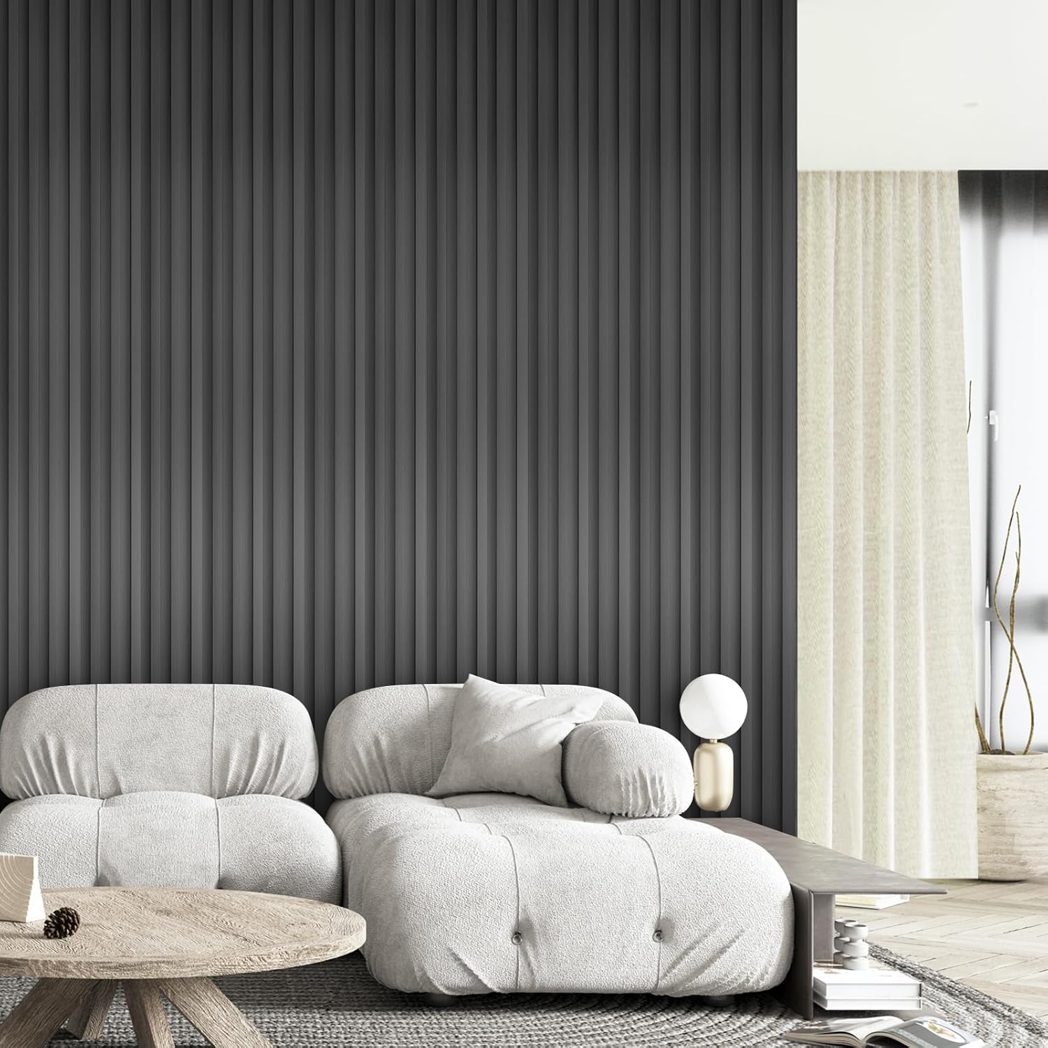 OUZUGIE WPC Acoustic Slat Wall Paneling, 8-Pack 96 x 6 Inches 3D Wall Panels for Interior Wall Decor,Living Room,TV Background,Study Room,Non-Metal Laths,High Grille (Metallic Dark Gray)