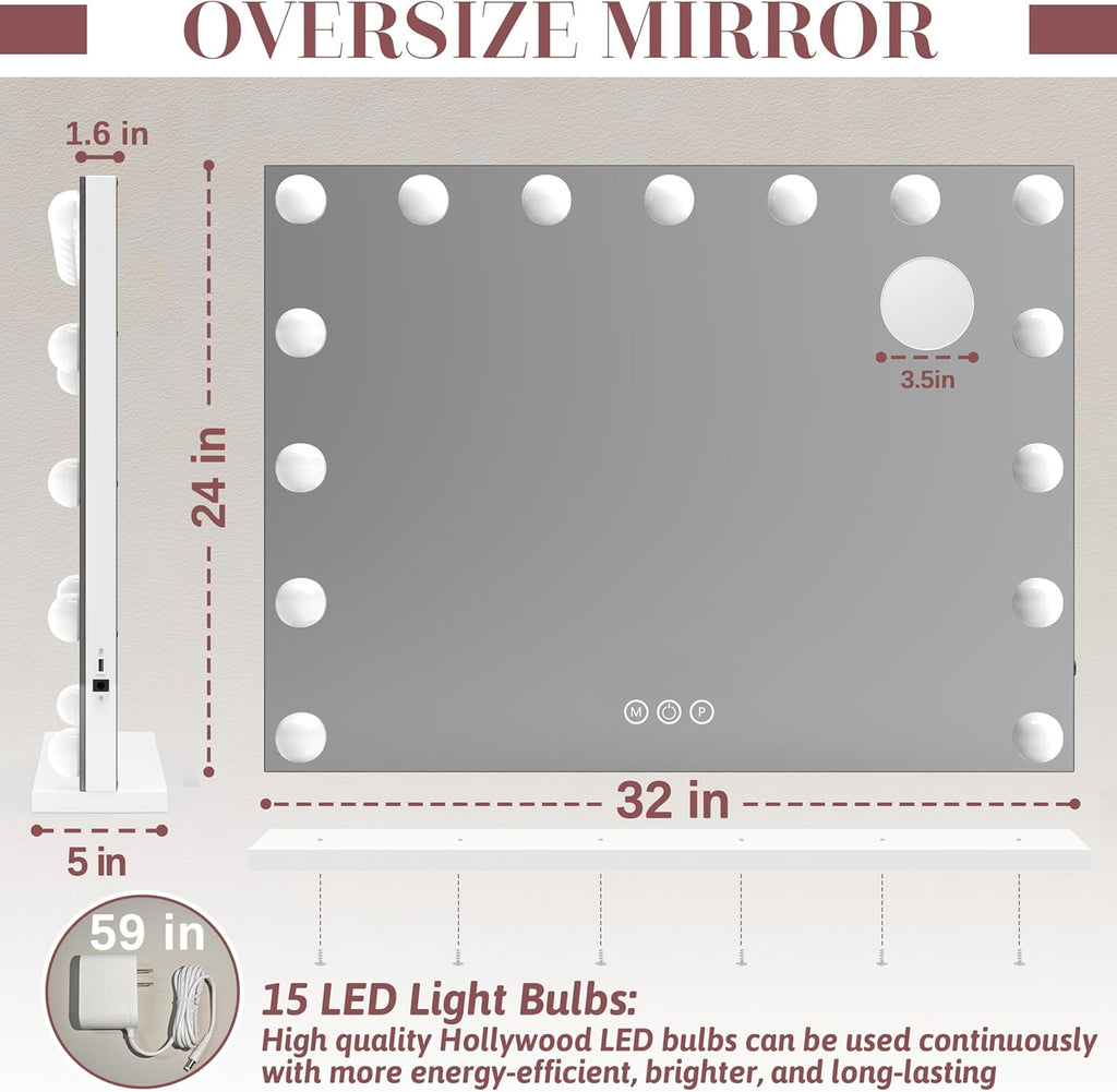 ROLOVE 32"x24" Hollywood Vanity Mirror with Lights, 18 Dimmable LED Bulbs, 3 Color Modes, 10X Magnification, USB Charging Port, Tabletop or Wall-Mounted
