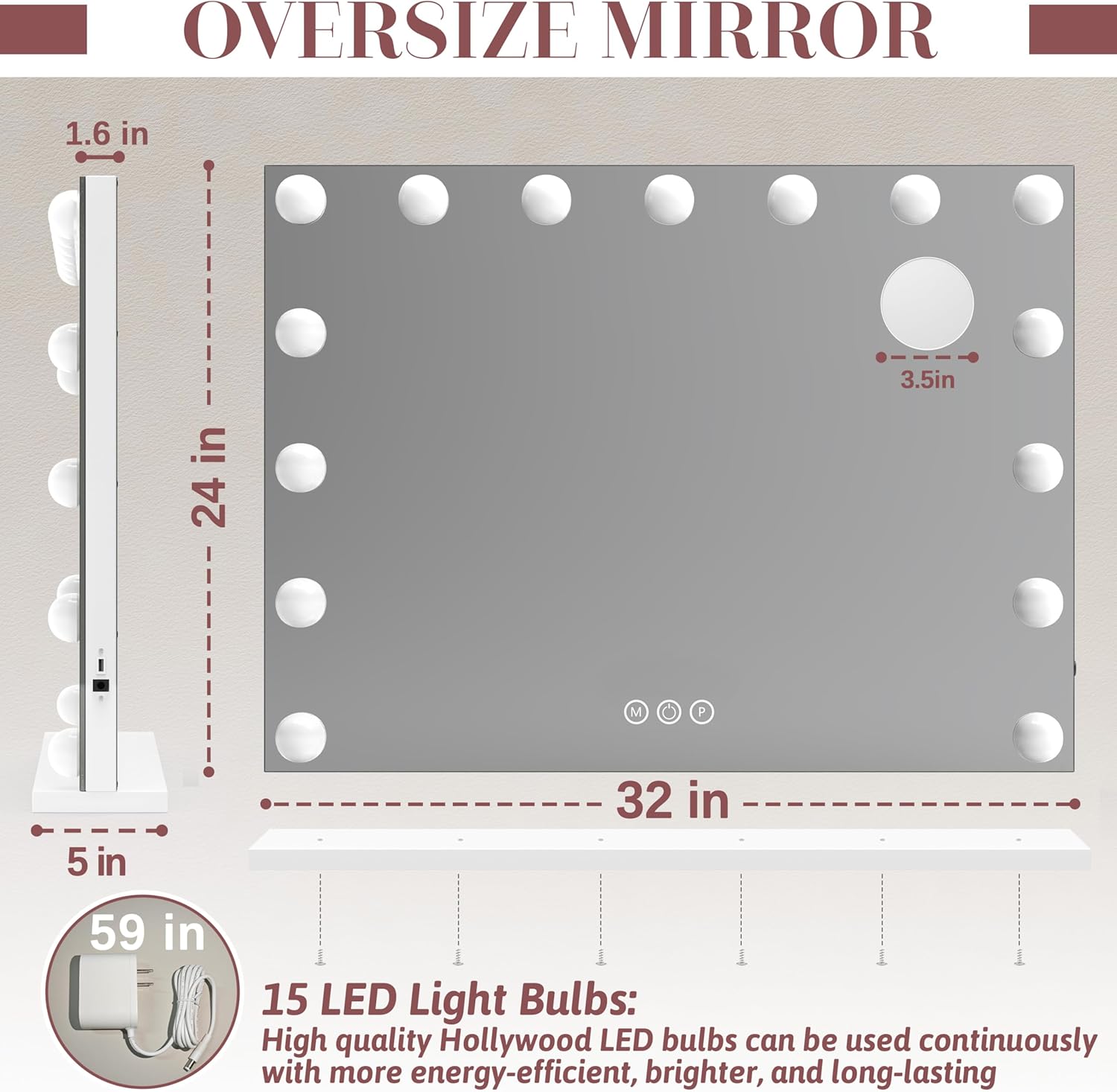 ROLOVE 32"x24" Hollywood Vanity Mirror with Lights, 18 Dimmable LED Bulbs, 3 Color Modes, 10X Magnification, USB Charging Port, Tabletop or Wall-Mounted