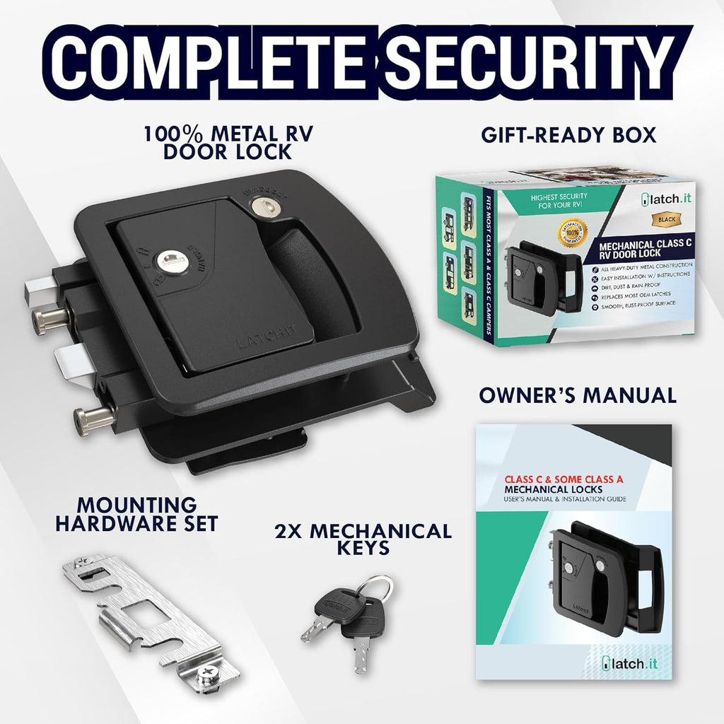 LATCH.IT RV Door Lock Replacement | Class C Camper Door Latch Fits 3.50" x 4.50" Lock Holes | 100% Metal RV Door Latch Replacement | RV Latch | Camper Door Locks with 2 High-Security Keys Included