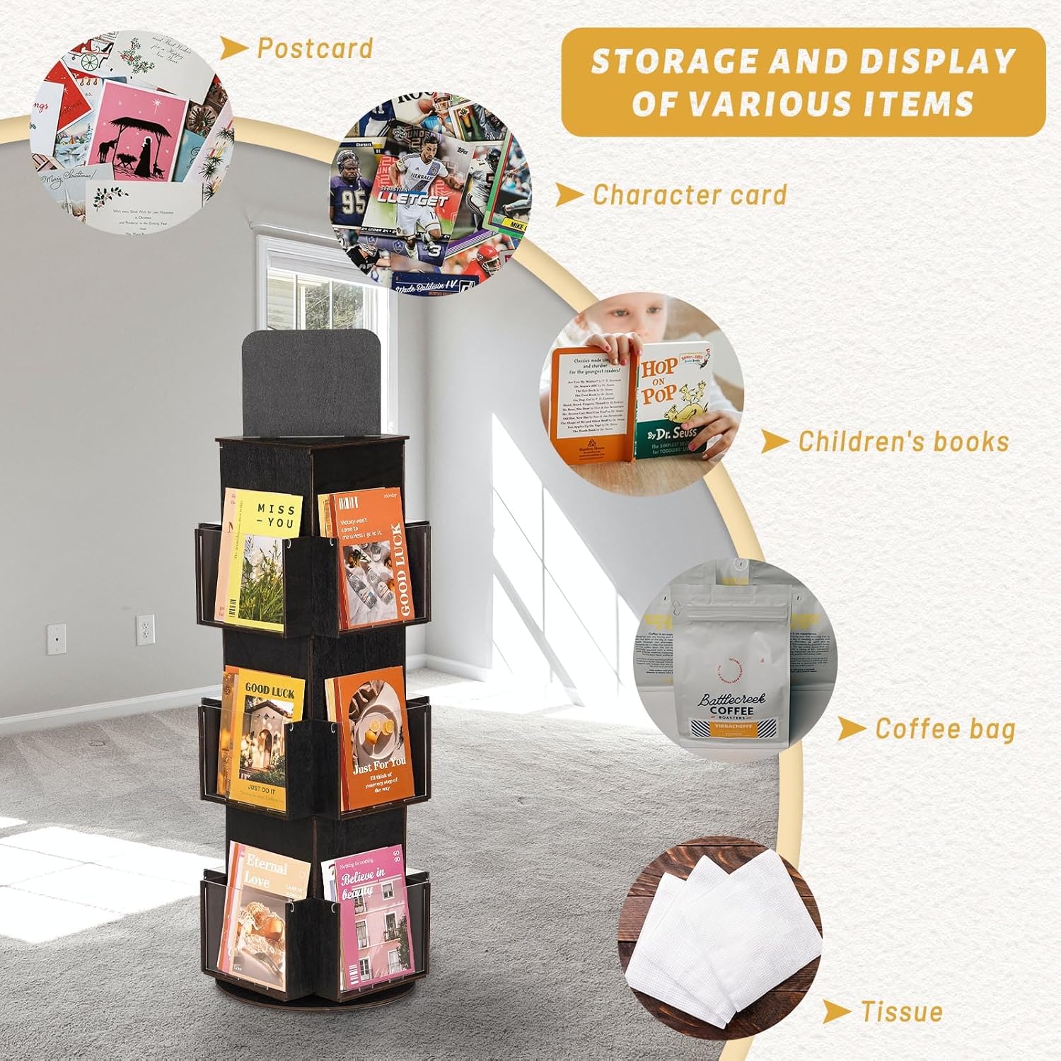 Natheeph Rotating Display Stand Greeting Card Display Wooden Display Rack with Two Card Sticker for Greeting Card Vendor Coffee Bag 3 Tier Tabletop Display Stand (Ebony)
