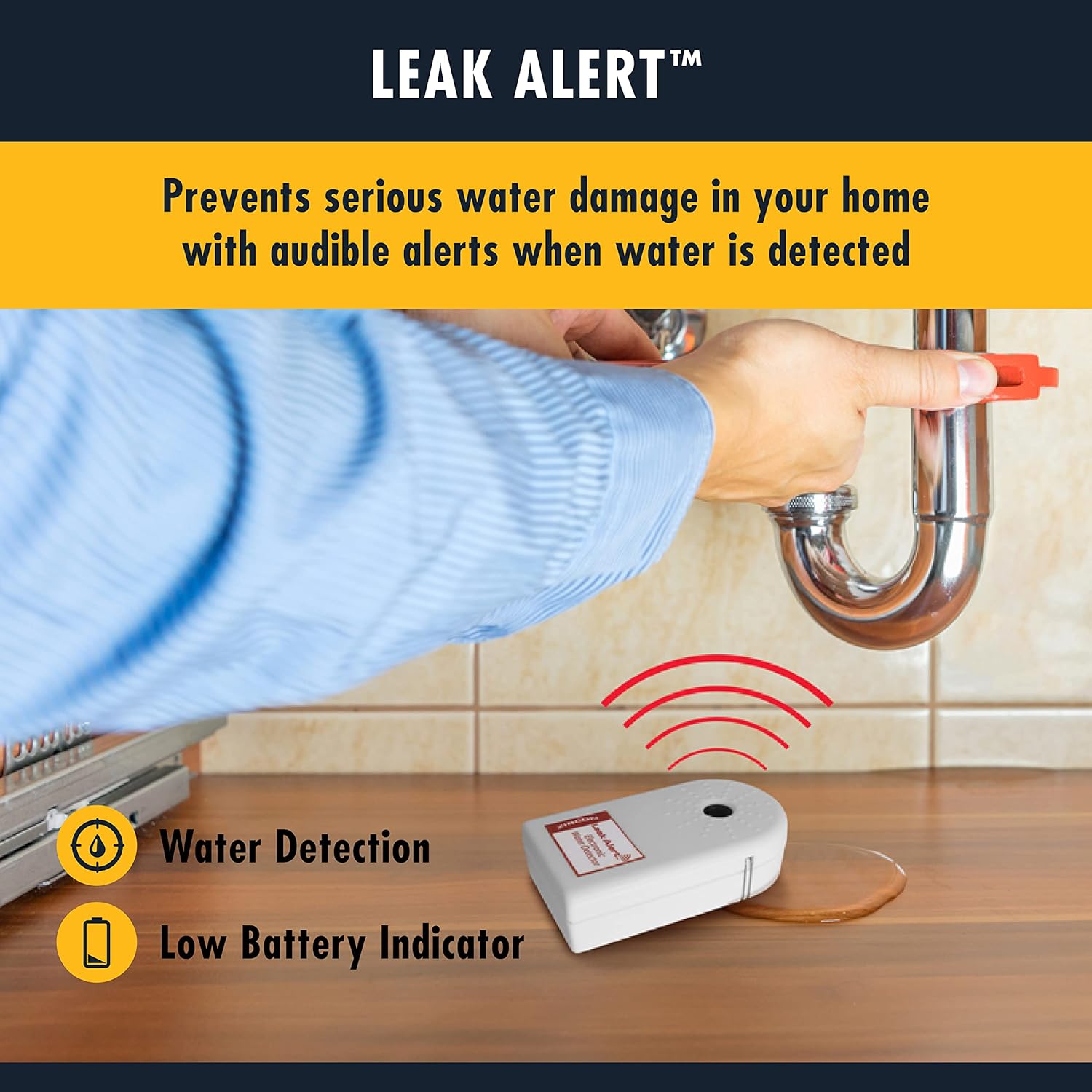 Zircon Leak Alert Water Leak Detector & Flood Sensor Alarm/Water Leak Sensor with Dual Leak Alarms 90Db Audio/Battery Powered (2 Pack) Batteries Not Included (72311) White