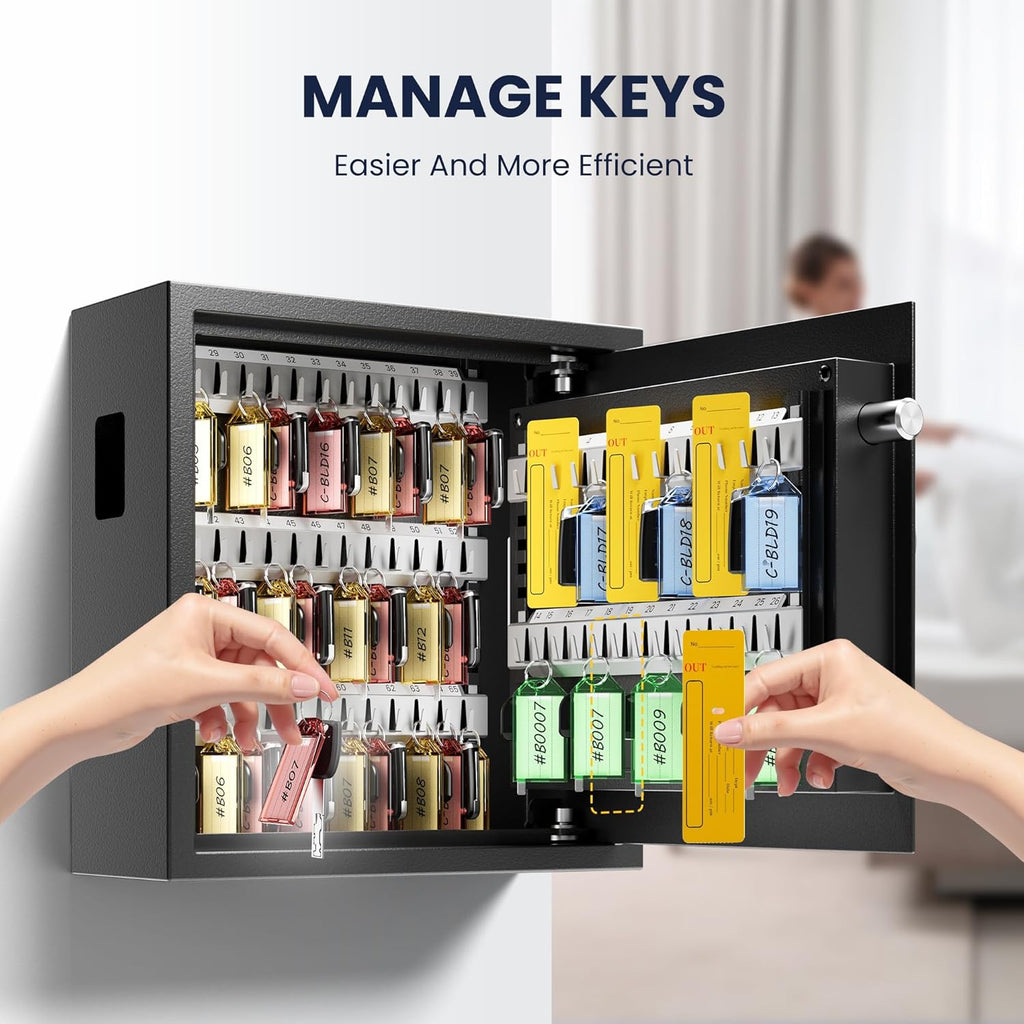 Heavy Duty 64 Keys Electronic Key Lock Box Wall Mount with Code, Key Cabinet with Deposit Key Slot, Adjust Key Organizer with Led Light