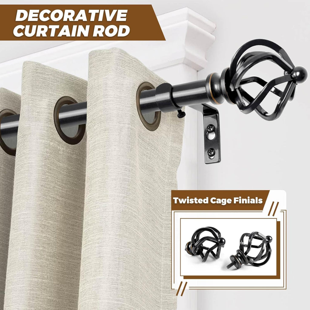 KAMANINA 2 Pack Curtain Rods 32 to 58 Inches (2.6-4.8ft), 3/4 Inch Black Curtain Rods for Windows Splicing Adjustable Single Drapery Rod with Twisted Cage Finial, for Indoor and Outdoor