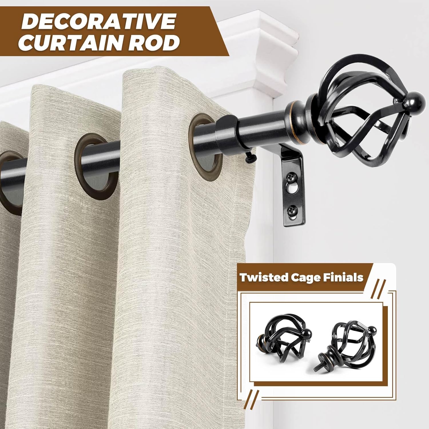 KAMANINA Black Curtain Rod 32 to 58 Inch(2.6-4.8ft), Adjustable Curtain Rods for Windows 28 to 48 Inch, 3/4 Inch Splicing Drapery Rods with Twisted Cage Finial