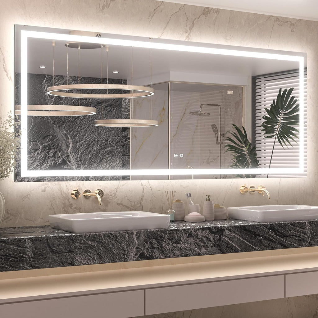 Keonjinn LED Bathroom Mirror 72" x 32" with Frontlit & Backlit, Lighted Mirror for Bathroom Wall with Dimmable 3-Color Lights, Large Anti-Fog Mirror, HD Tempered Glass, UL-Listed LED Driver