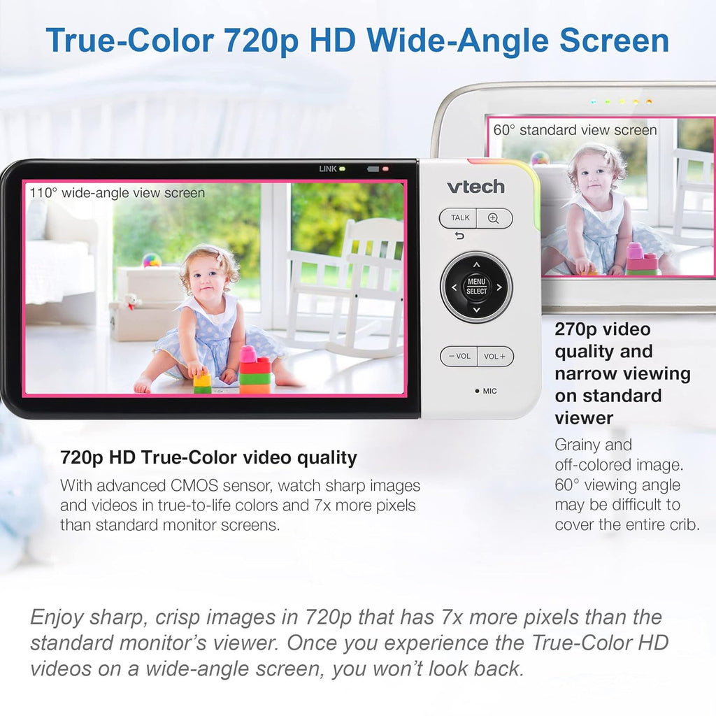 VTech VM818HD Baby Monitor, 5" 720p Screen, Night Light, 110-degree Wide-Angle True-Color DayVision, HD No Glare NightVision, 1000ft Range, 2-Way Talk, Secure Transmission No WiFi