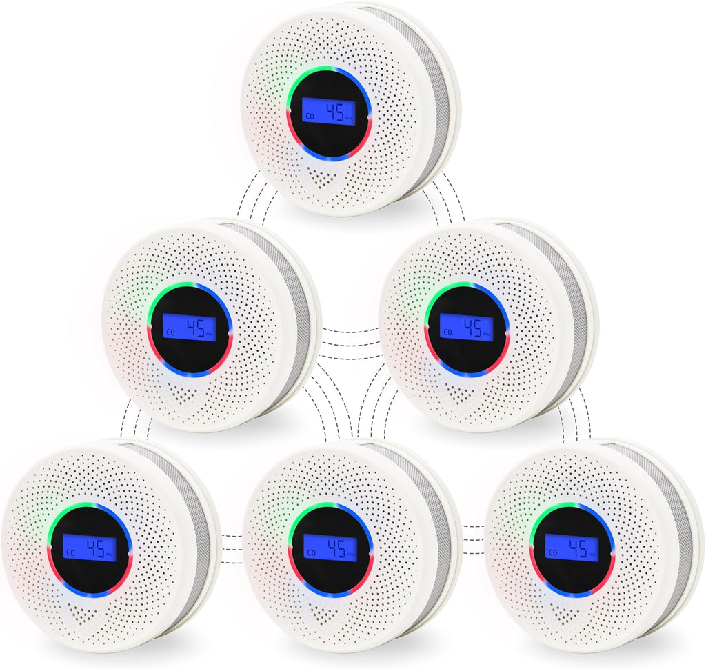 6Pack Upgraded Interlinked Smoke Carbon Monoxide Detector, Battery Powered&Wireless Interconnected Smoke and CO Alarm, Transmission Range of Over 820 ft (Includes Battery)