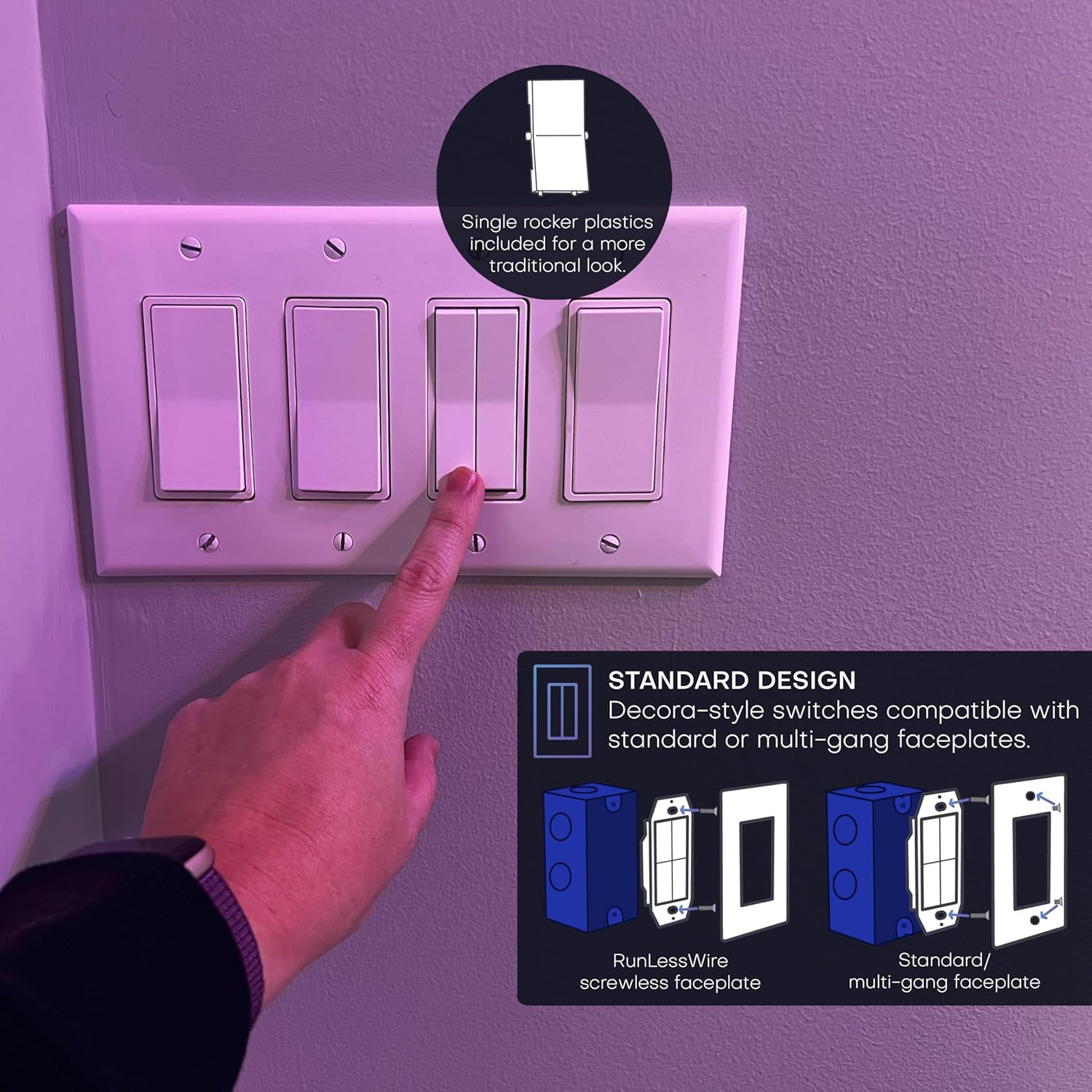 RunLessWire Click for Philips Hue – Battery-Free Wireless Smart Light Switch, 30ft Range – Works Natively with Philips Hue Bridge – Wall Mount Kinetic Switch - Decora Style, Gray