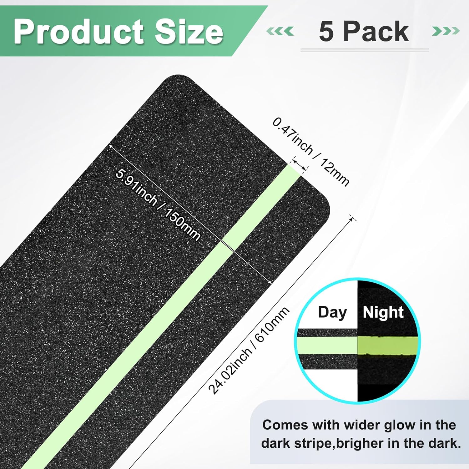 5-Pack Anti Slip Traction Tape 24" x 6" Best Grip Tape Grit with 12mm/0.47" Glow in Dark Stripe High Traction Friction Abrasive Adhesive for Indoor/Outdoor Stairs[Black+Green]