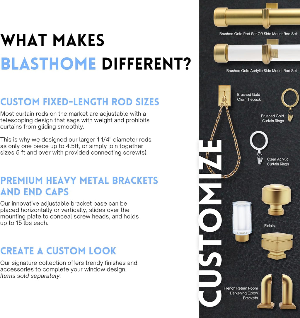 BlastHome® Non-Adjustable Luxury Extra Long Curtain Rod, 1 ¼” Rod Set, 17 foot Fixed Length (Four Rods Connect for a Seamless Look), Brushed Gold