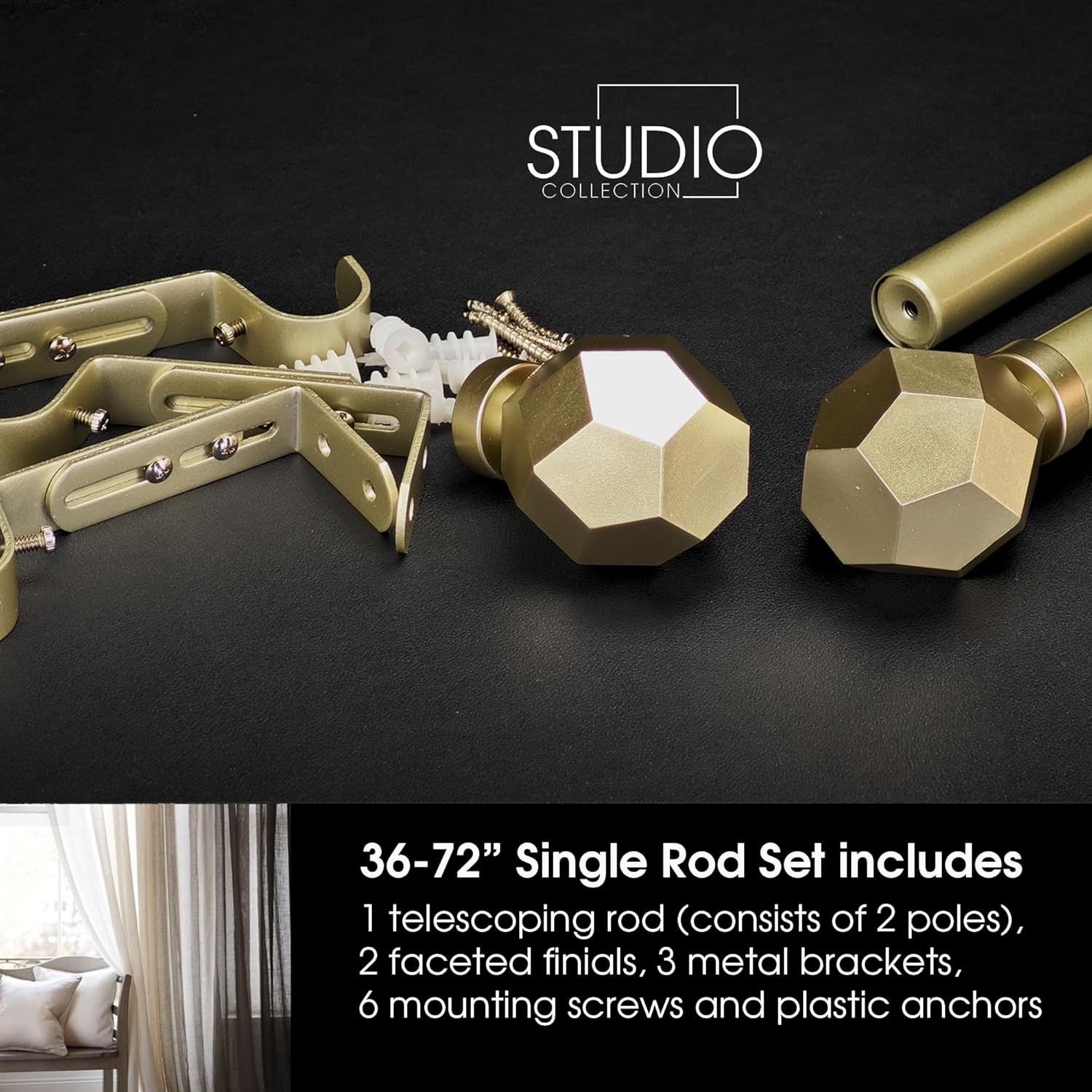 1-1/8 Inch Diameter Champagne Gold Curtain Rod with Geometric Faceted Finials, 36-72'' Telescoping Single Curtain Rods for window width 24-68 inch, 1 pack