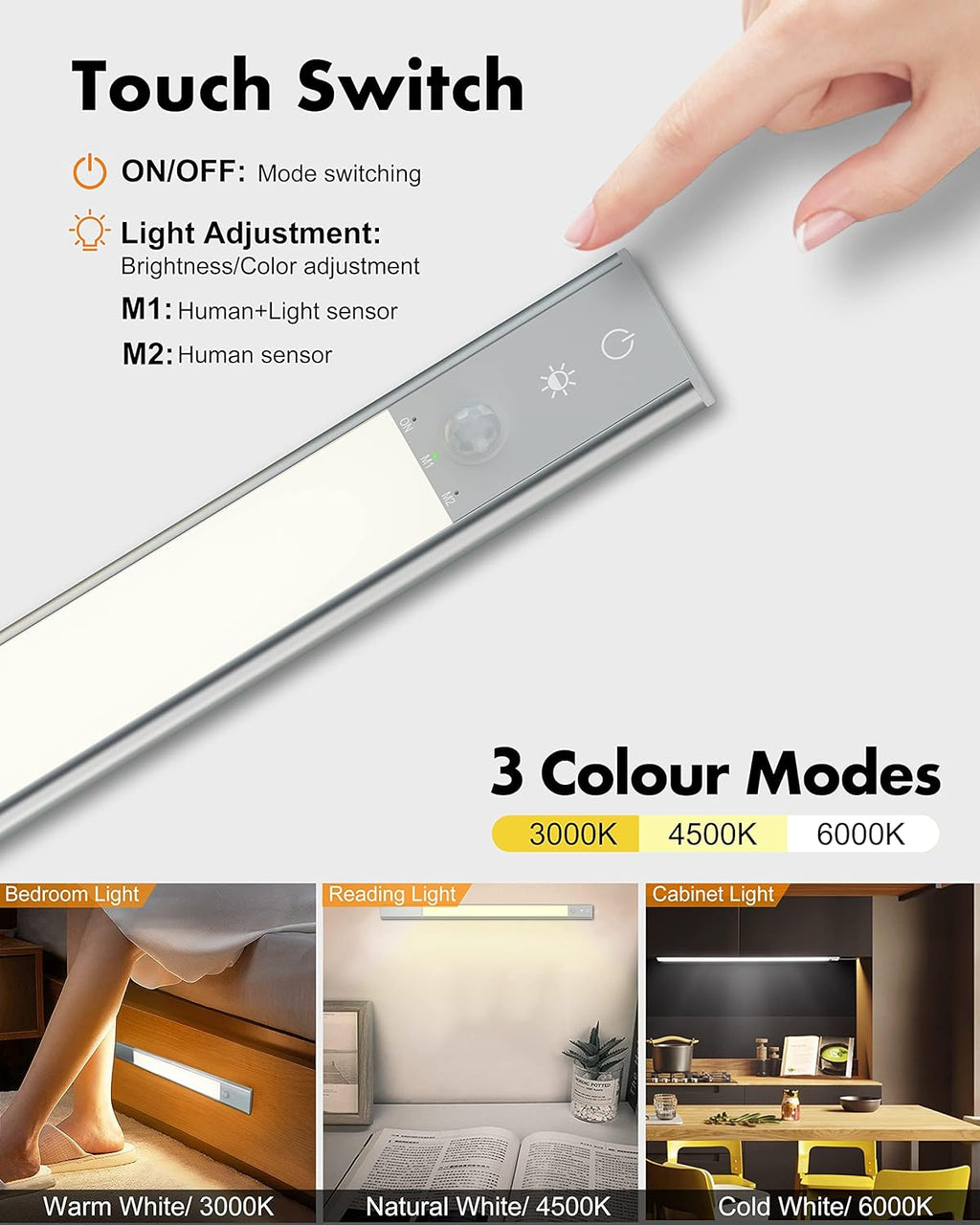 Under Cabinet Lighting, 128 LED Motion Sensor Counter Light, 3 Detachable Batteries, Adjustable Color Dimmable Brightness Closet Lights for Kitchen, Stairs(2 Pack, 20.16 in)