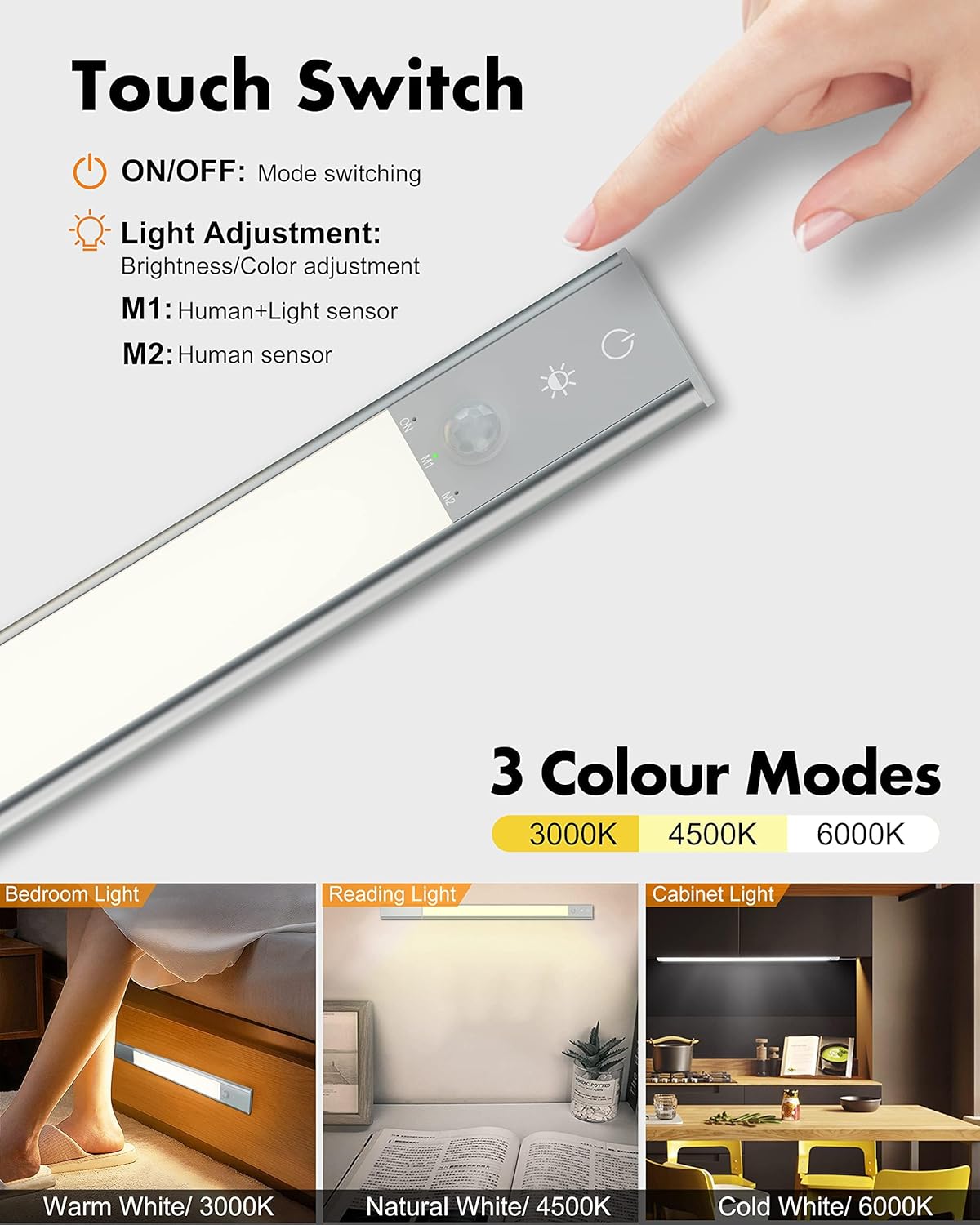 Under Cabinet Lighting, 128 LED Motion Sensor Counter Light, 3 Detachable Batteries, Adjustable Color Dimmable Brightness Closet Lights for Kitchen, Stairs(2 Pack, 20.16 in)