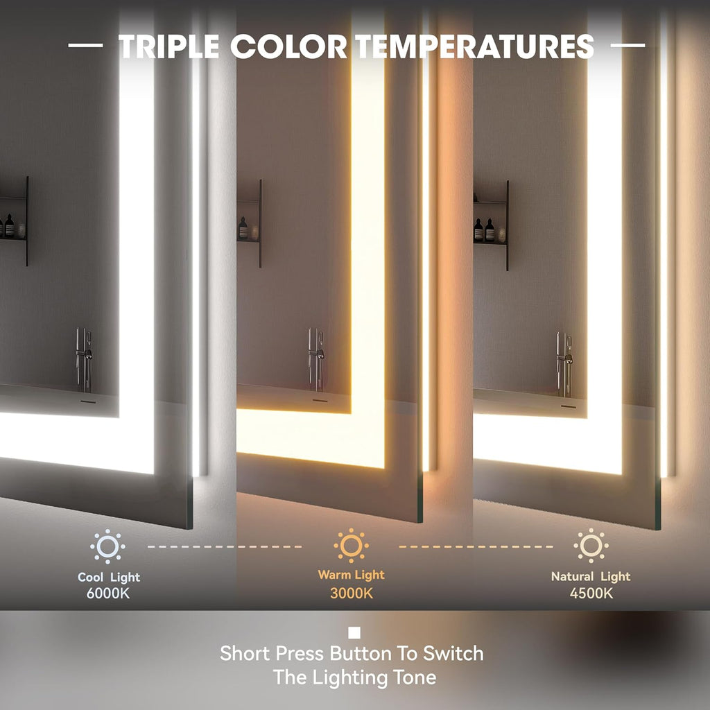Hasipu 36" x 28" Arch LED Bathroom Mirror, Frontlit Wall-Mounted Vanity Mirror with Lights, Defogging, Smart Touch, Dimmable 3 Color Modes, Safety Shatterproof Glass Coating