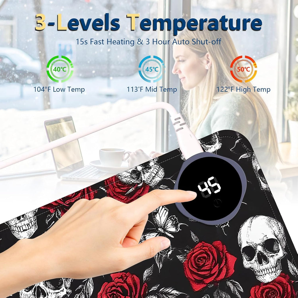 Heated Mouse Pad with 3 Temperature Settings(104°F–122°F),Large 24x14.2 Inch PU Leather Heated Desk Mat,Waterproof Warming Pad for Office,Gaming & Cold Hands Relief,Skeleton Skull Rose