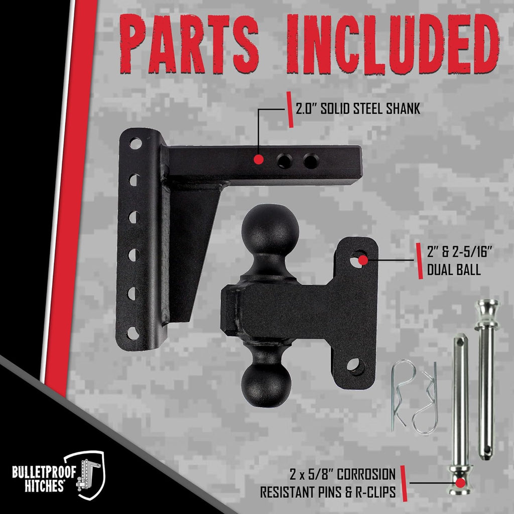 BulletProof Hitches - 2.0" Adjustable Heavy Duty Trailer Hitch (22,000 lb. Rating) - 6" Drop/Rise Trailer Hitch with 2" & 2-5/16" Dual Ball - Powder Coat, Solid Steel, Corrosion-Resistant