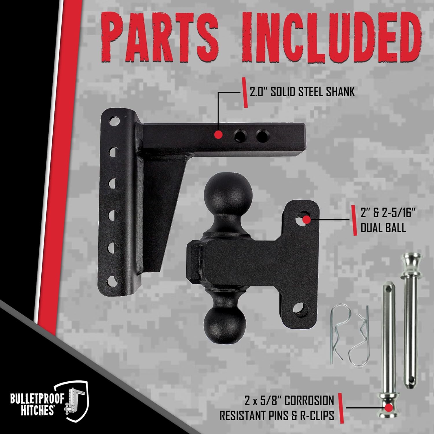 BulletProof Hitches - 2.0" Adjustable Heavy Duty Trailer Hitch (22,000 lb. Rating) - 6" Drop/Rise Trailer Hitch with 2" & 2-5/16" Dual Ball - Powder Coat, Solid Steel, Corrosion-Resistant