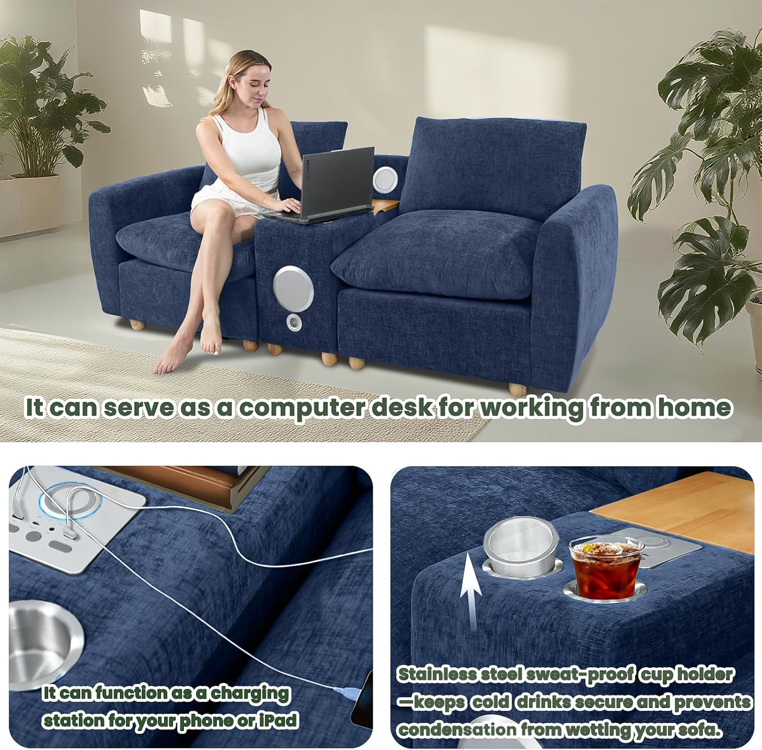 Brelice Modular Sofa Console with Wireless Charging & Bluetooth Speaker - All-in-One Armrest Organizer with Wired Charging, Storage Tray, Volume Control for Sectional Couch, Living Room