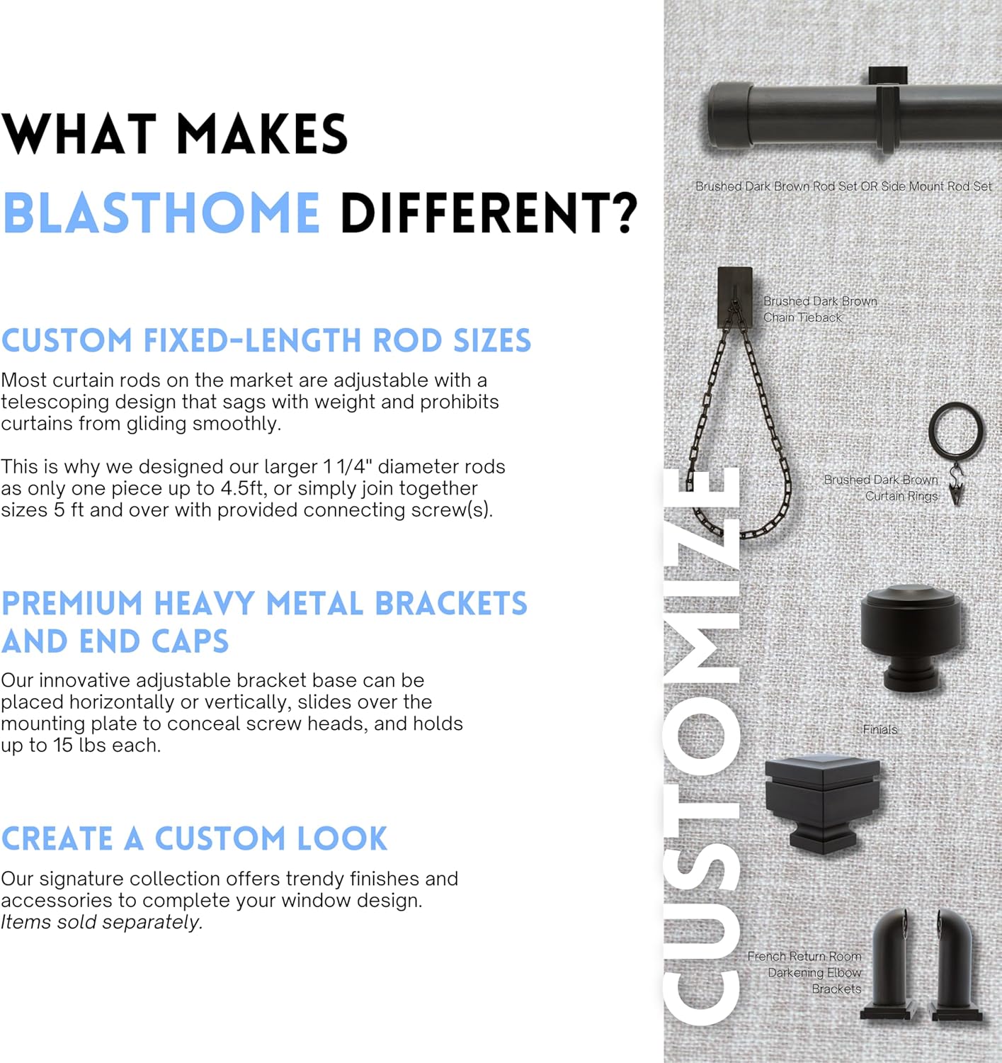 BlastHome® Non-Adjustable Luxury Curtain Rods for Windows, 1 ¼” Rod Set, 8 foot Fixed Length (Two Rods Connect for a Seamless Look), Brushed Dark Brown